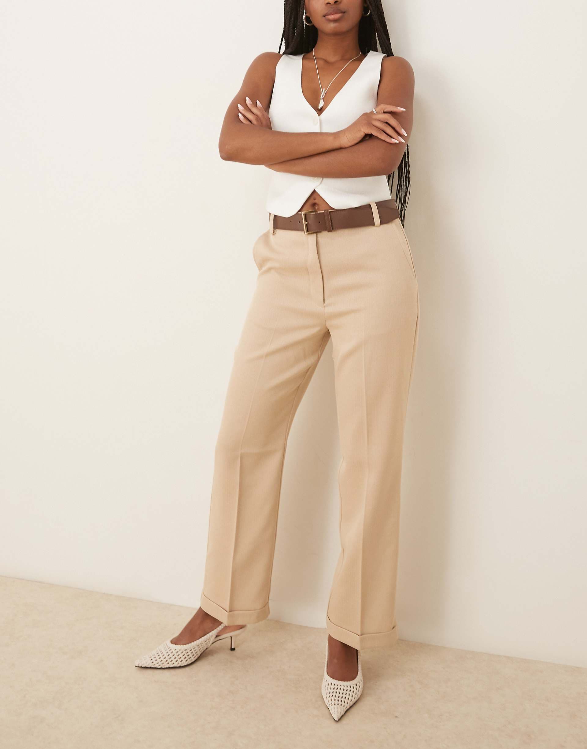ASOS DESIGN tailored slim straight leg pants with PU belt in stone