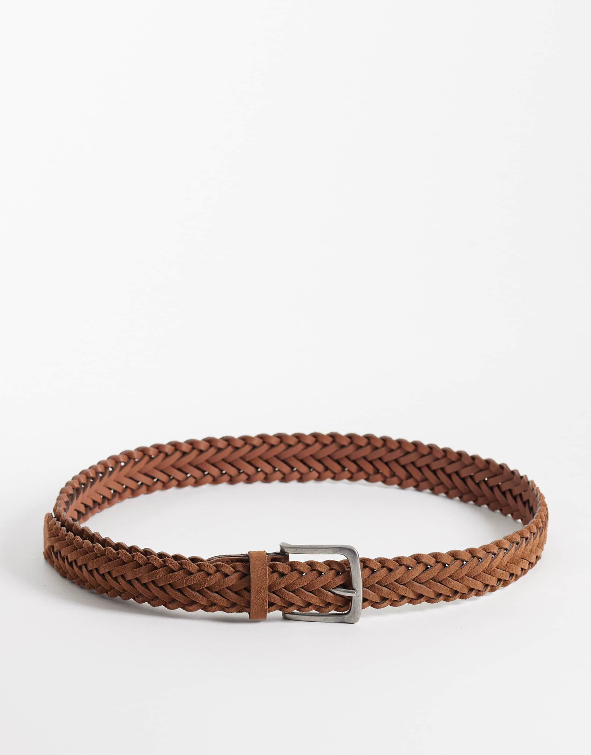 ASOS DESIGN real suede braided belt with silver buckle in tan