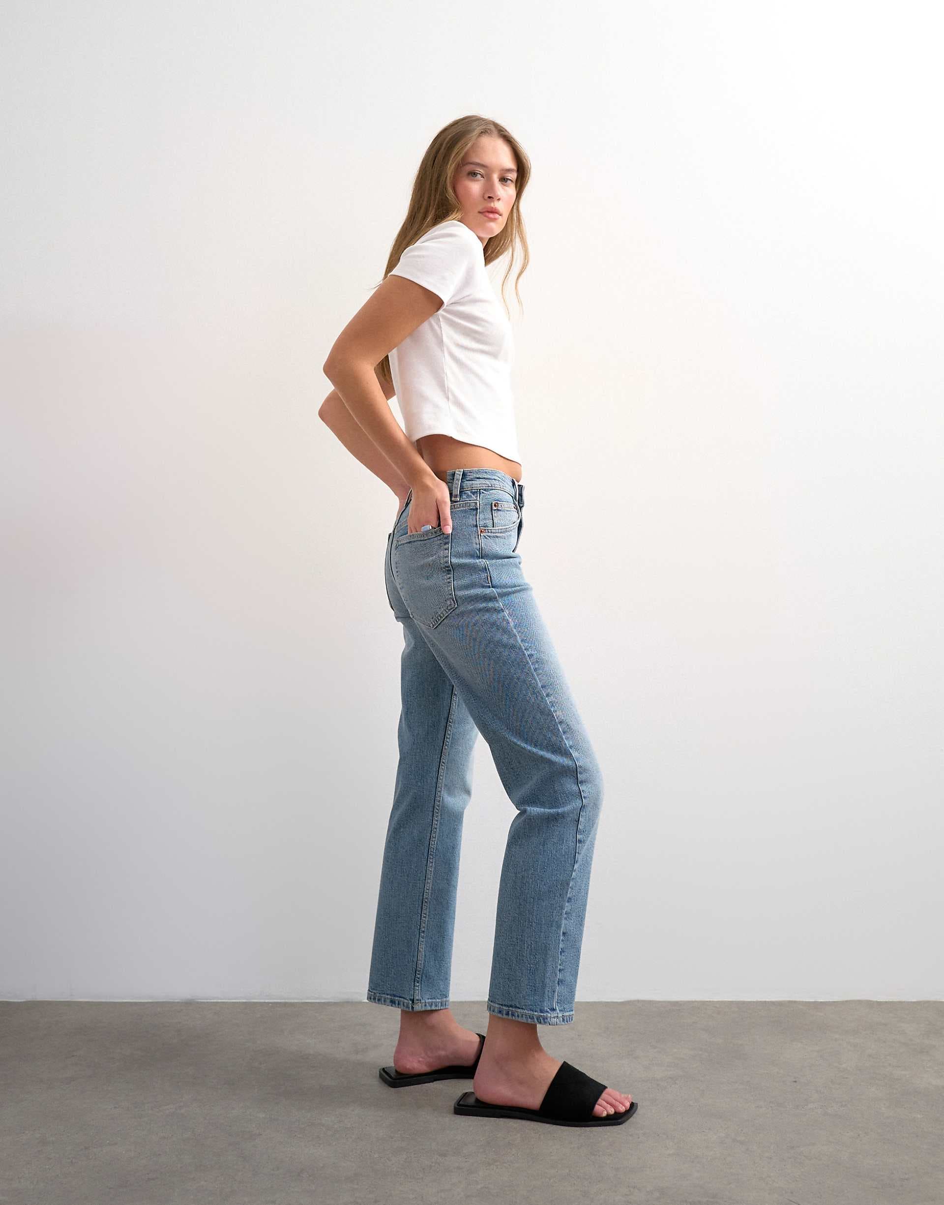 Topshop mid-rise comfort straight leg jeans in bleach