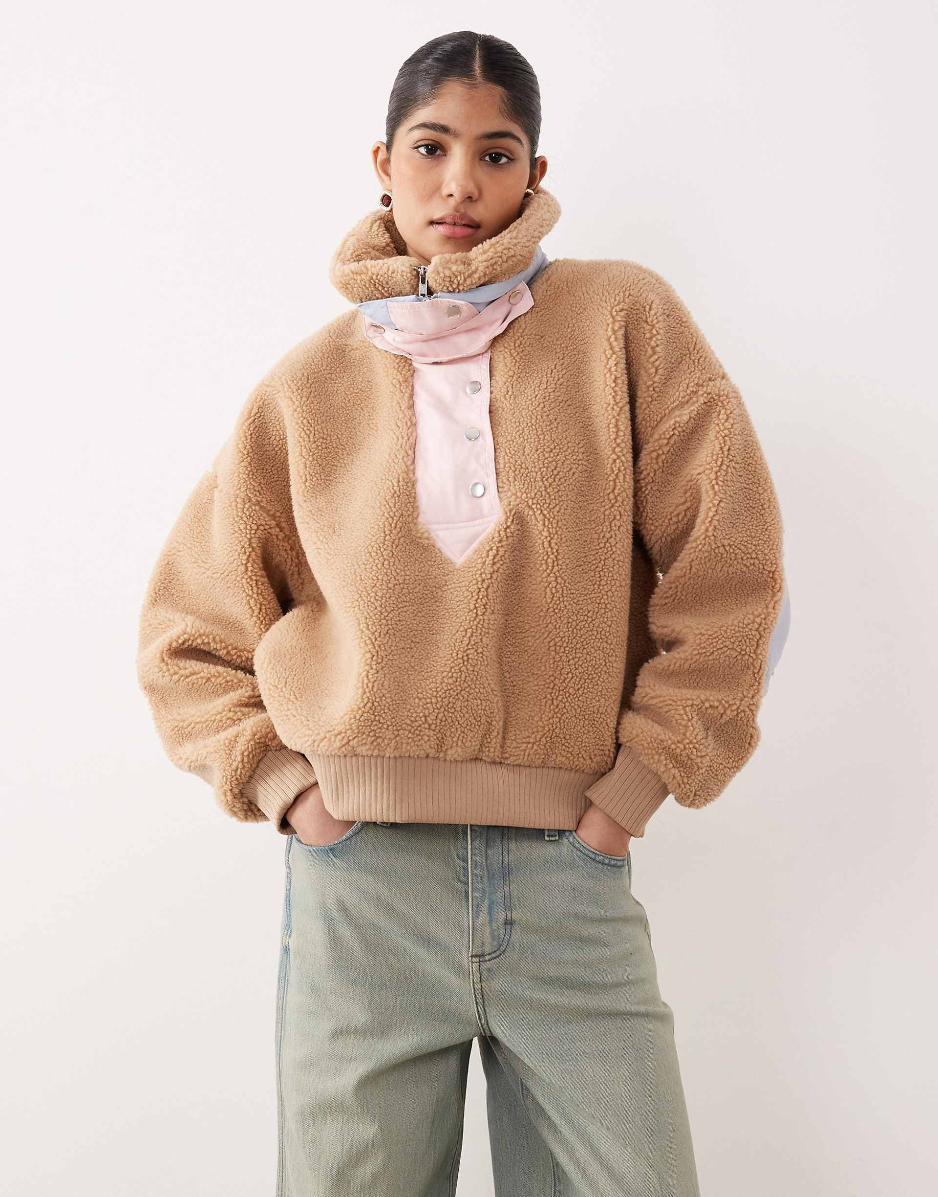 For Love & Lemons Caitlyn borg contrast elbow patch pullover sweater in camel