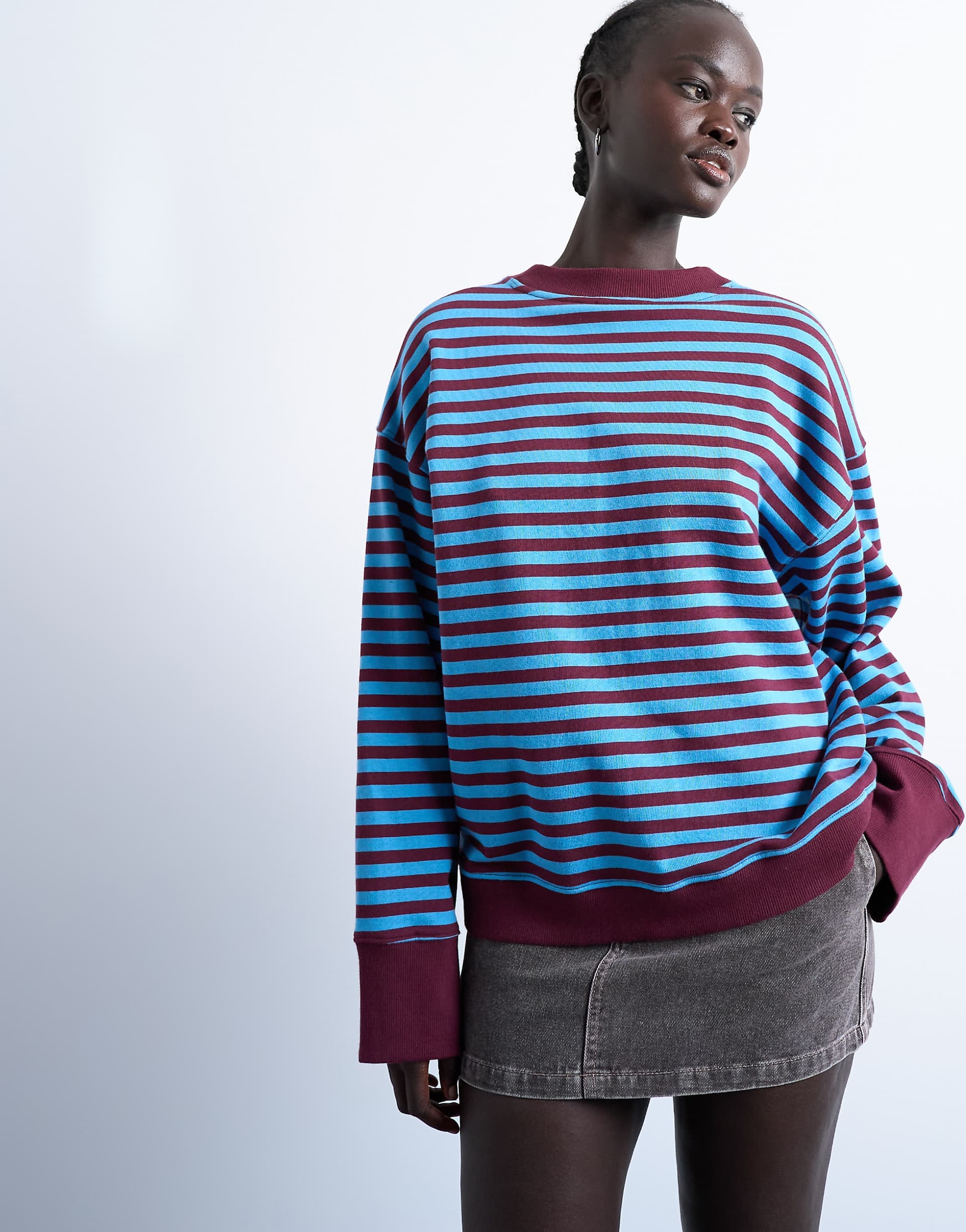 Topshop stripe oversized deep cuff sweatshirt in blue and burgundy