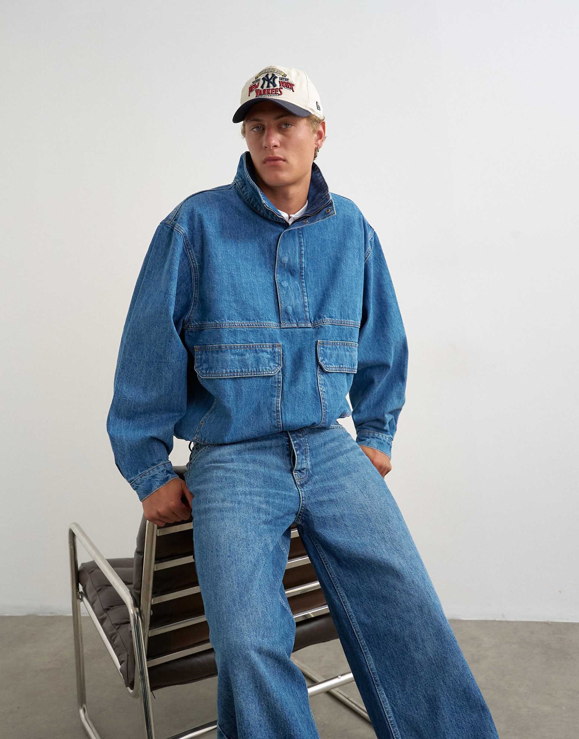 Topman oversized fit denim jacket with funnel neck in mid wash