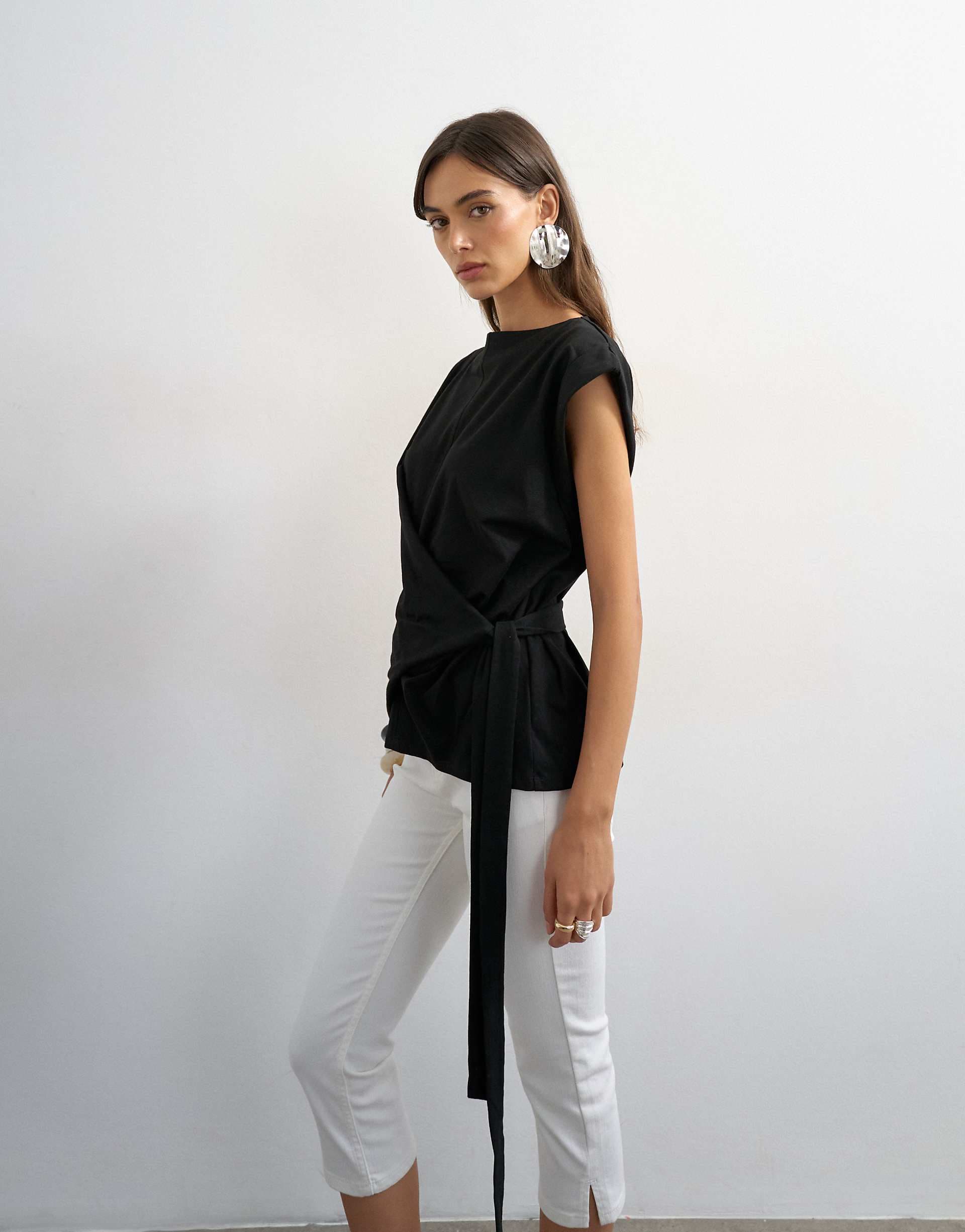 Topshop wrap detail cap sleeve top in black