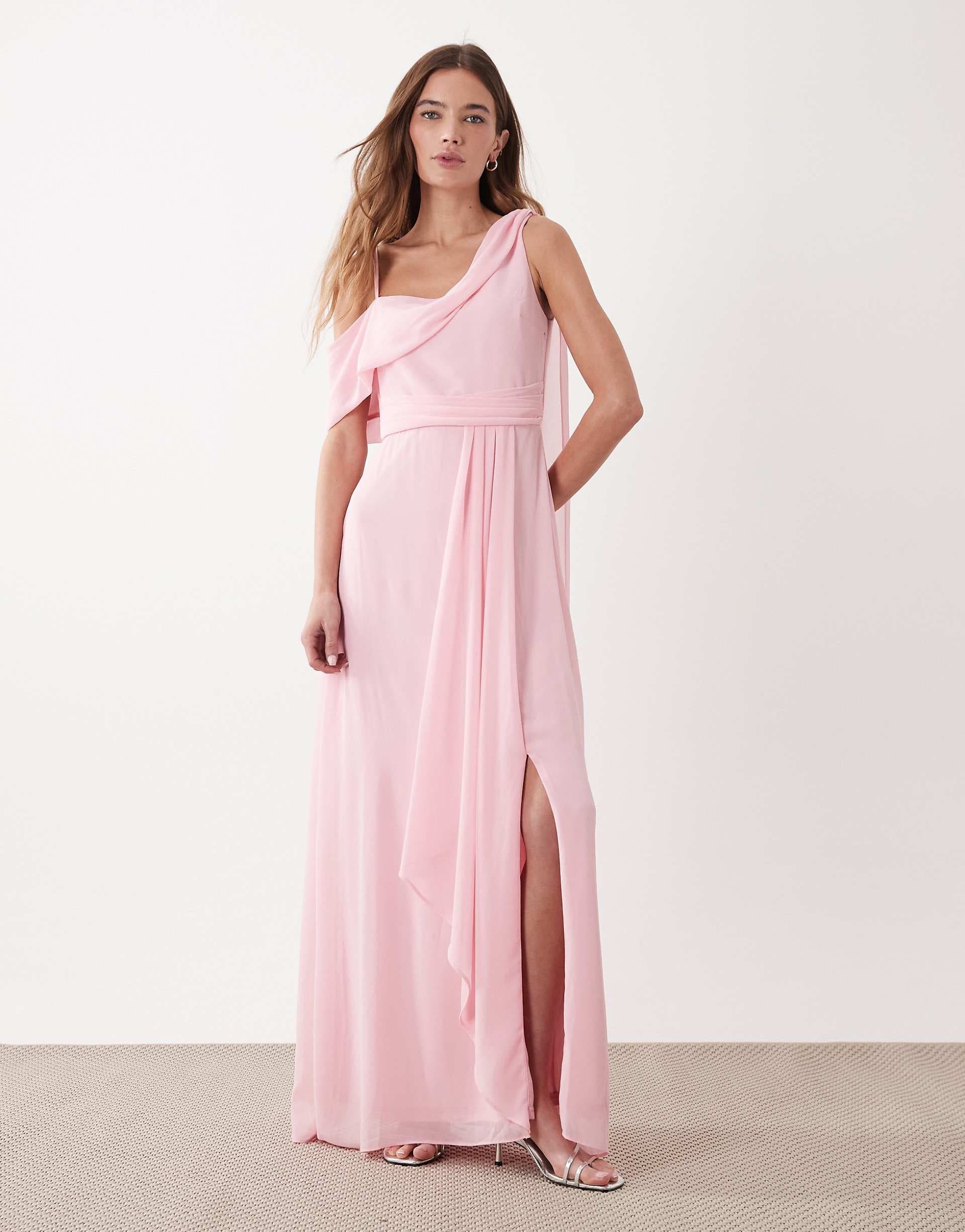 TFNC Bridesmaid chiffon fallen shoulder maxi dress in pink