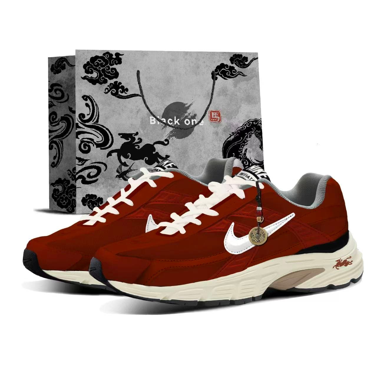 Custom Sneakers Nike Initiator CNY New Year Limited Gift Bag Retro Tech American Fashion Trendy Versatile Cushioning Wear-Resistant Breathable Low-Top Running Shoes Men's Red