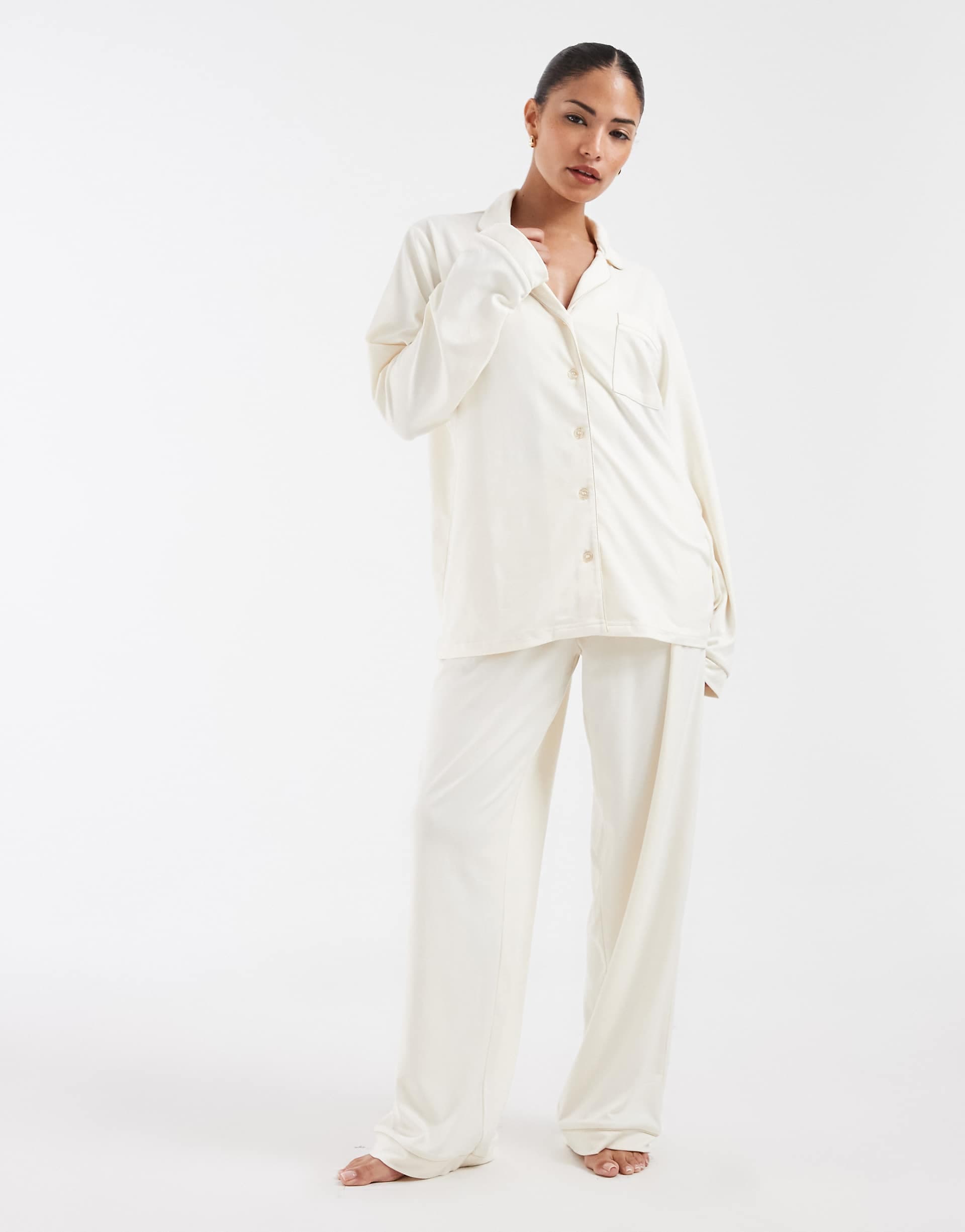 Loungeable Petite super soft jersey camp collar top and wide leg pants pajama set in marshmallow