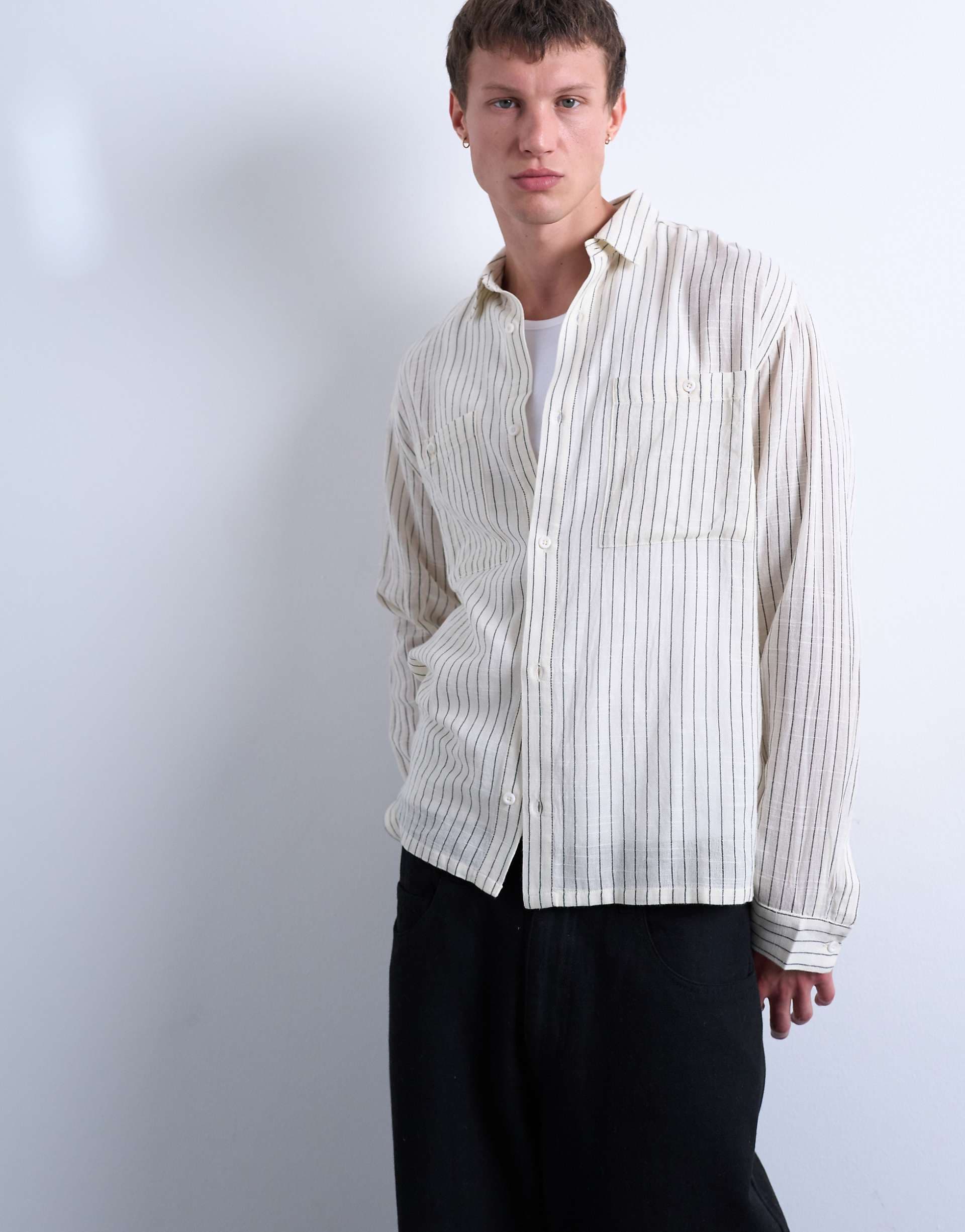 Topman long sleeve relaxed cheesecloth striped shirt in cream