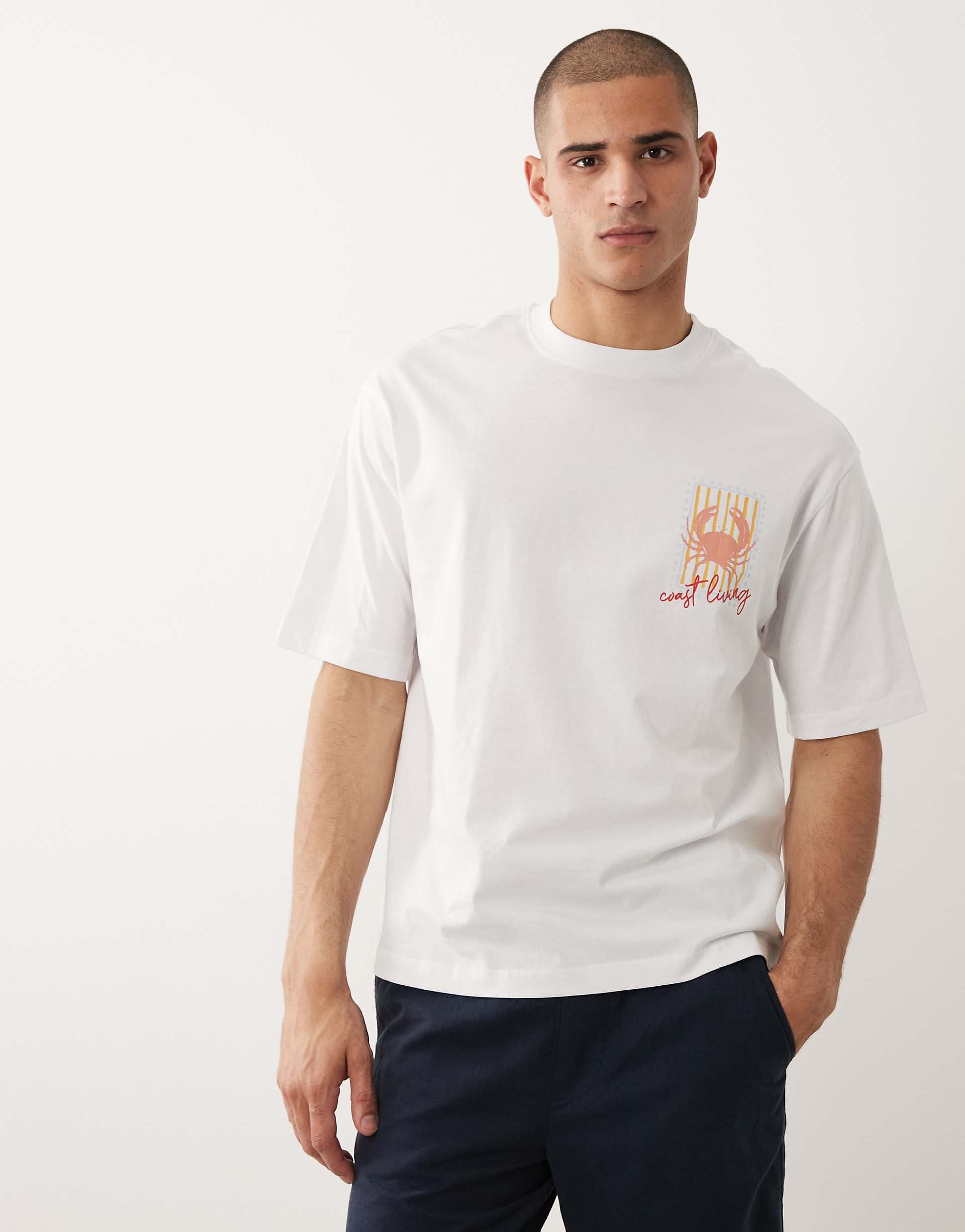Selected relaxed fit T-shirt with small crab stamp print in white