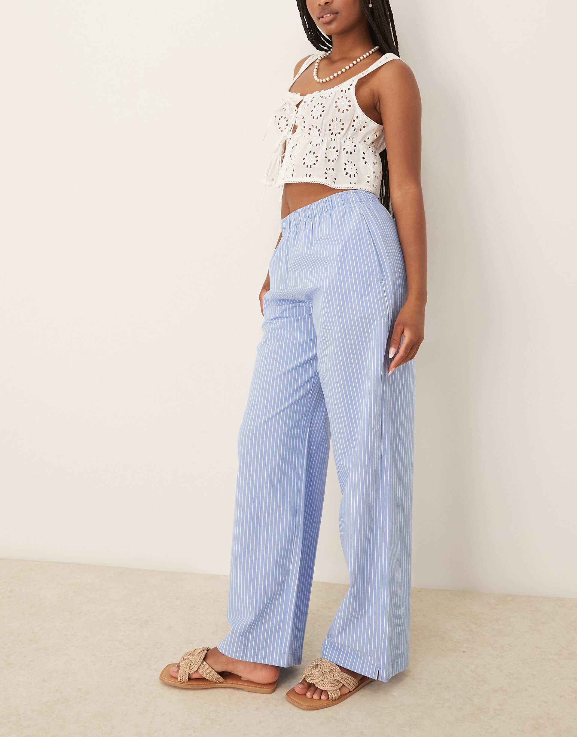 Abercrombie & Fitch wide leg poplin fold-over pull on pants in blue stripe