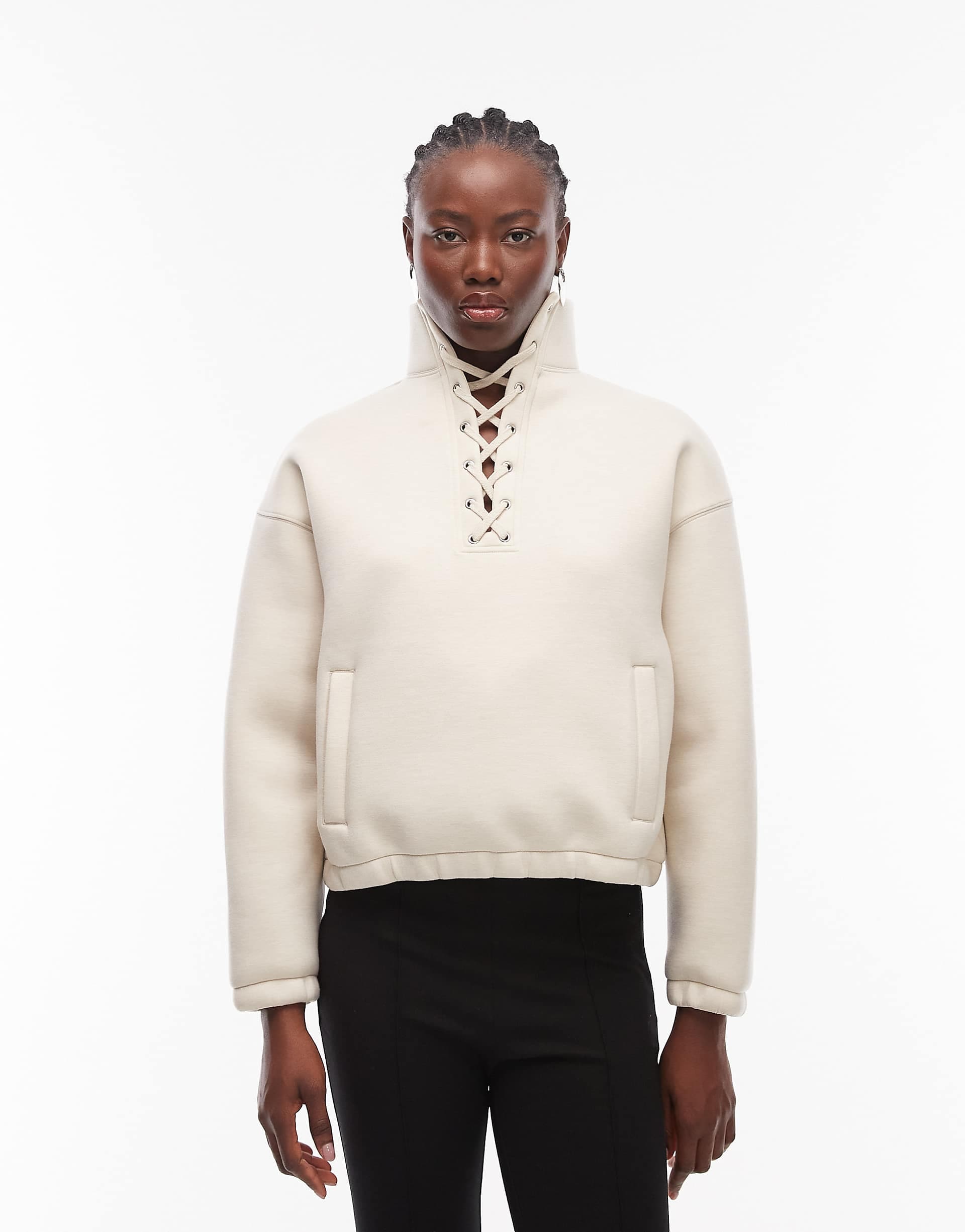 ASOS DESIGN funnel neck sweatshirt with lace detail in cream