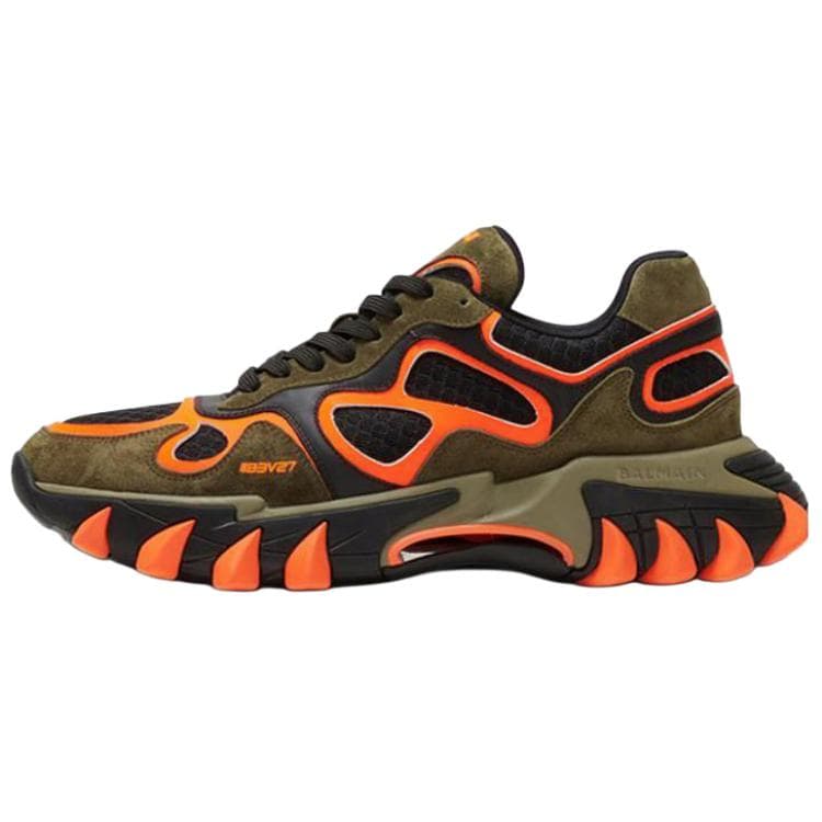 BALMAIN B-East Fabric & Synthetic Leather Chunky Sole Low-Top Casual Sneakers Men's Military Green & Fluorescent Orange