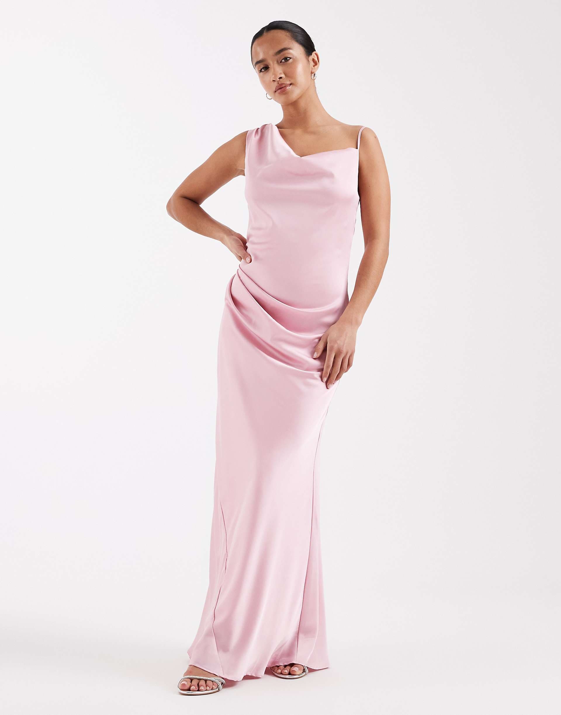 TFNC Petite Bridesmaids satin one shoulder maxi dress in pink