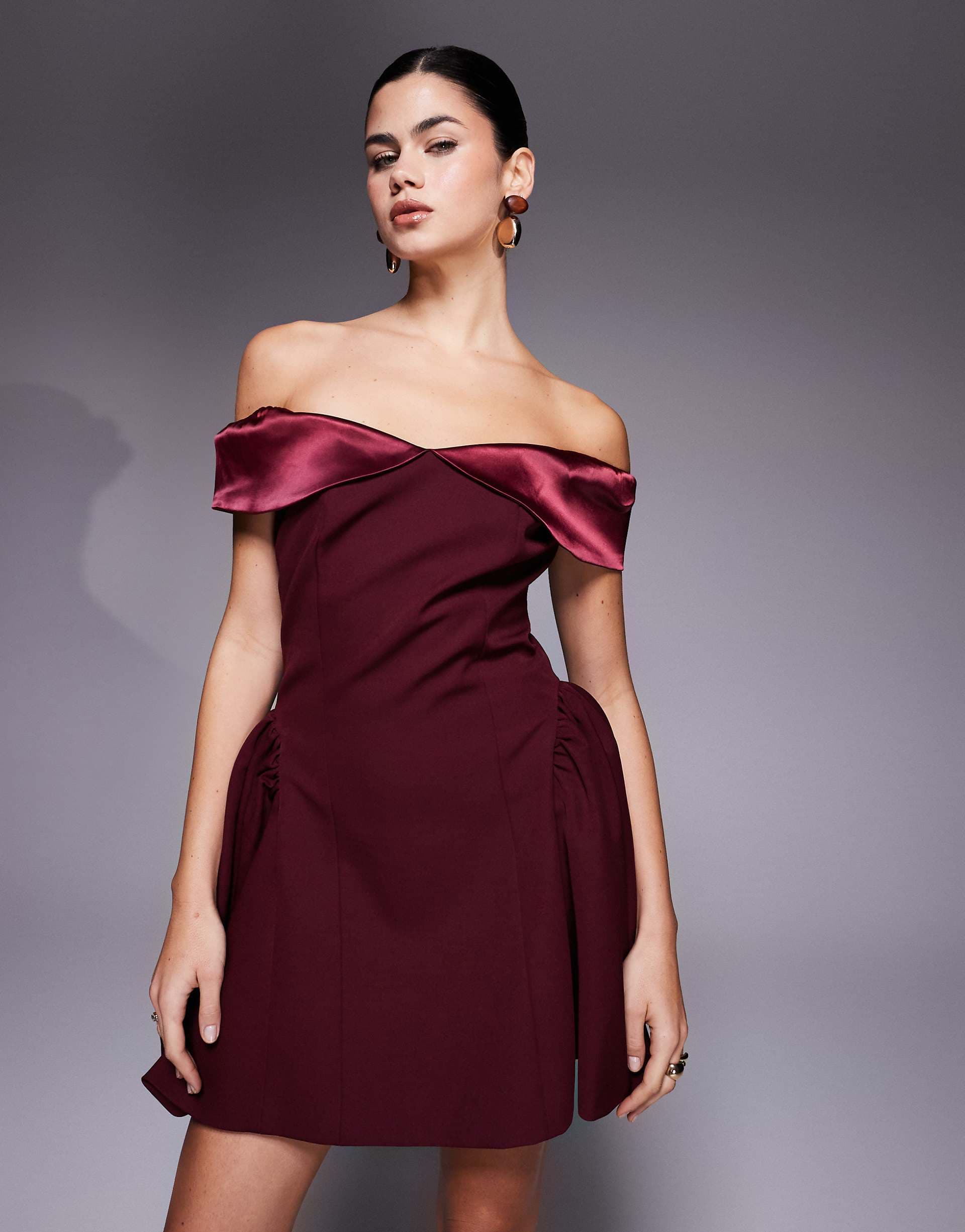 Wanderdoll Daphne structured off the shoulder satin sleeves hip pleats mini dress in burgundy