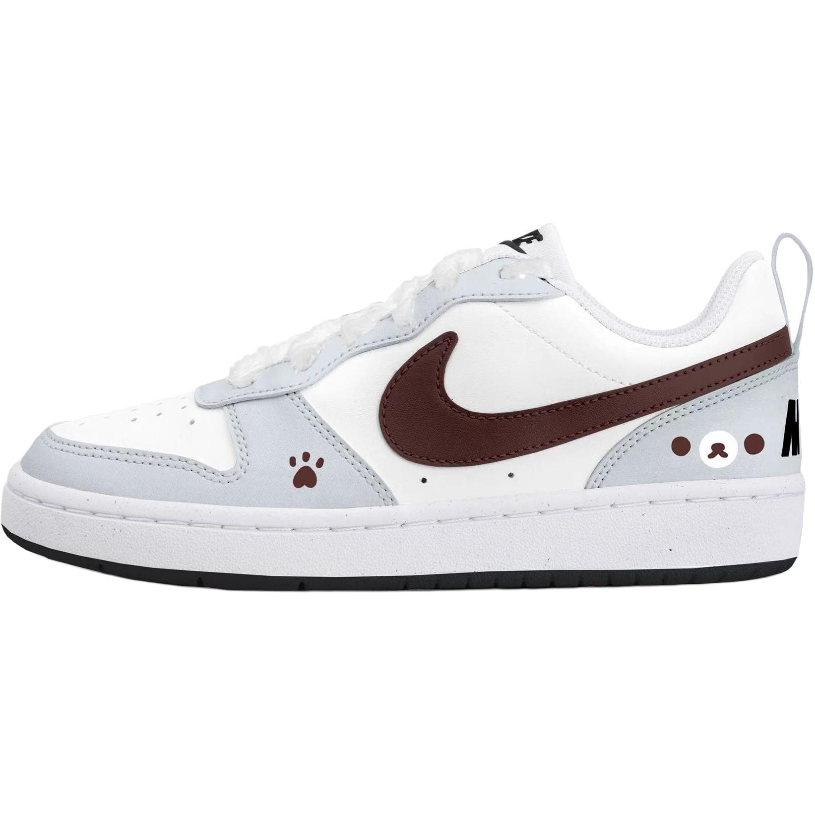 Custom Sneakers Nike Court Borough 2 OKHR Relaxed Paw Print Mocha Swoosh Heart Bear Plush Laces Fashion Trendy Low-Top Skate Shoes Women's Grey Brown