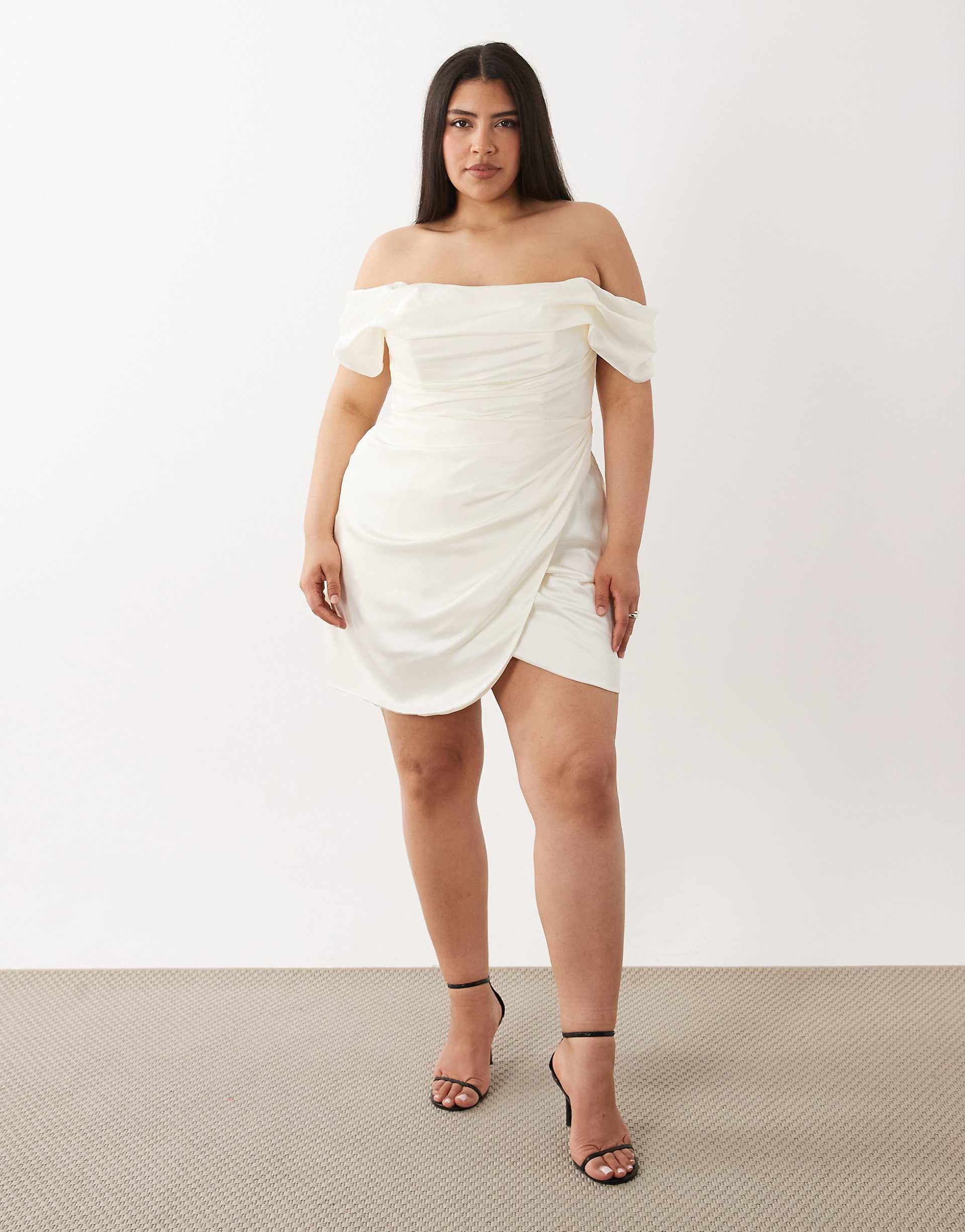 ASOS DESIGN Curve satin off shoulder mini dress in ivory