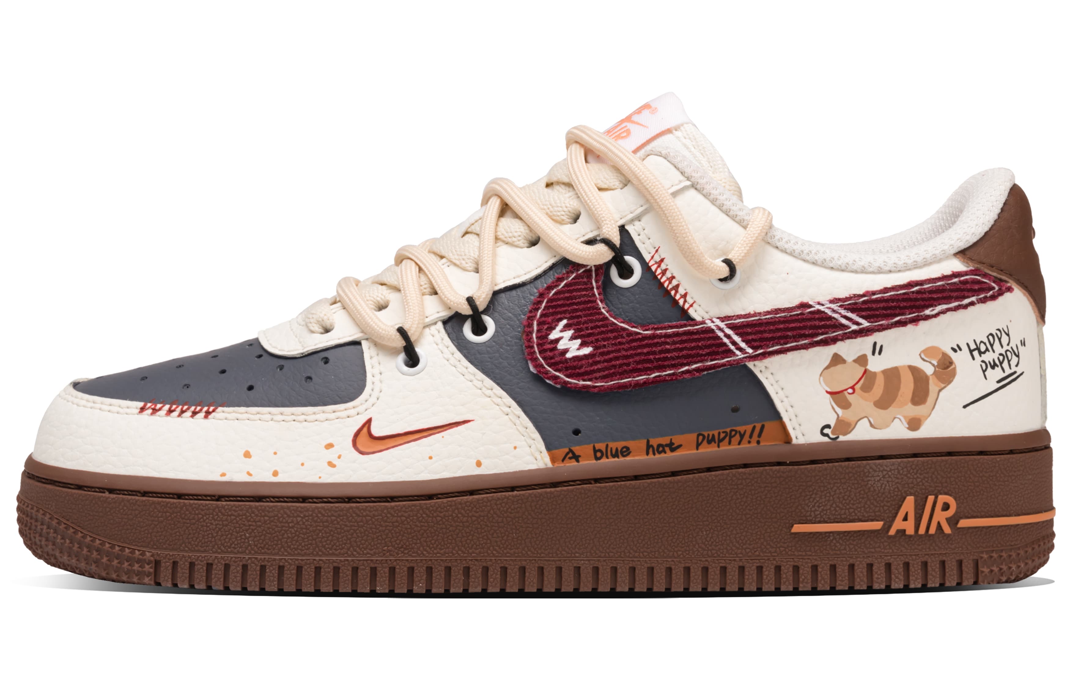 Custom Sneakers Nike Air Force 1 'Cat Fun' Synthetic Leather Niche Color Block Preppy Style Literary Retro Cute Fashion Elegant Trendy Wear-Resistant Low-Top Skate Shoes Unisex Beige Brown