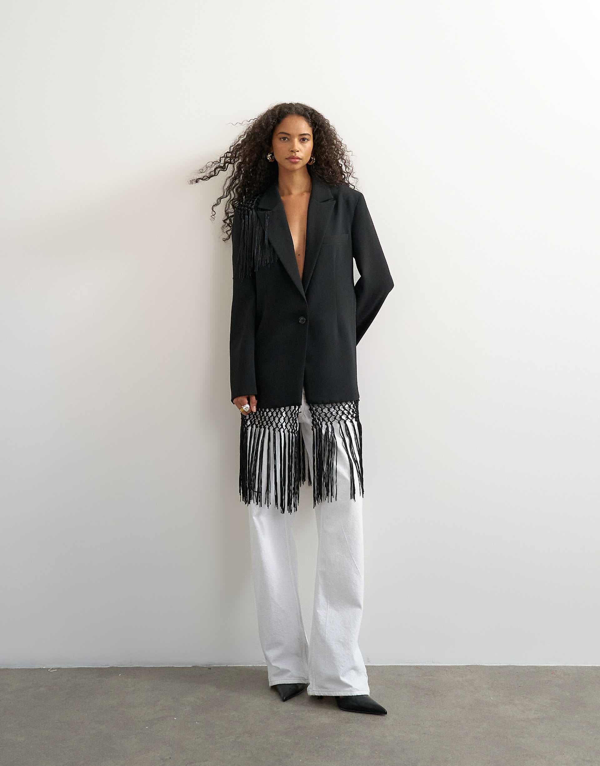Topshop blazer with fringe detail in black