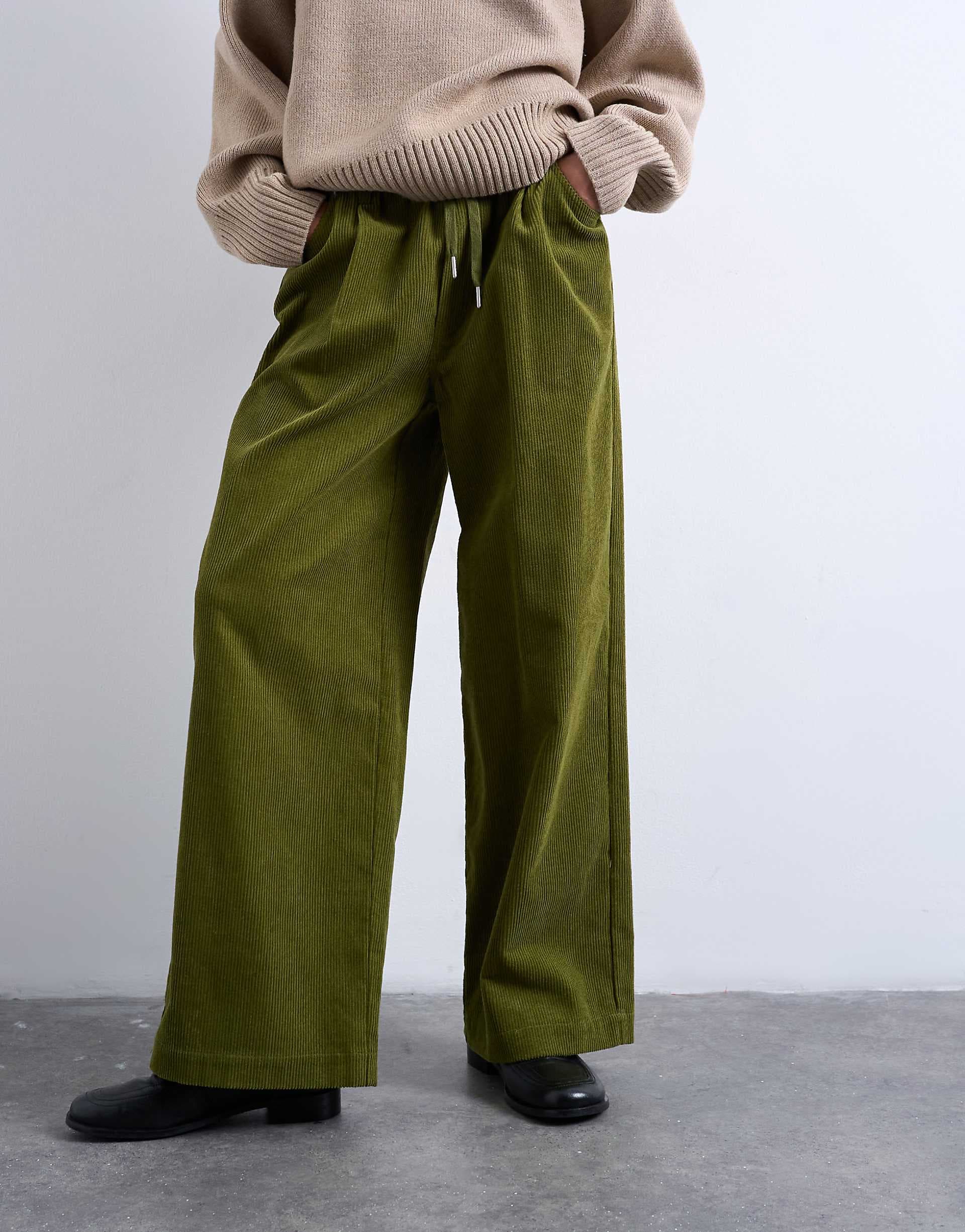 Topshop corduroy wide leg pants with drawstring in green