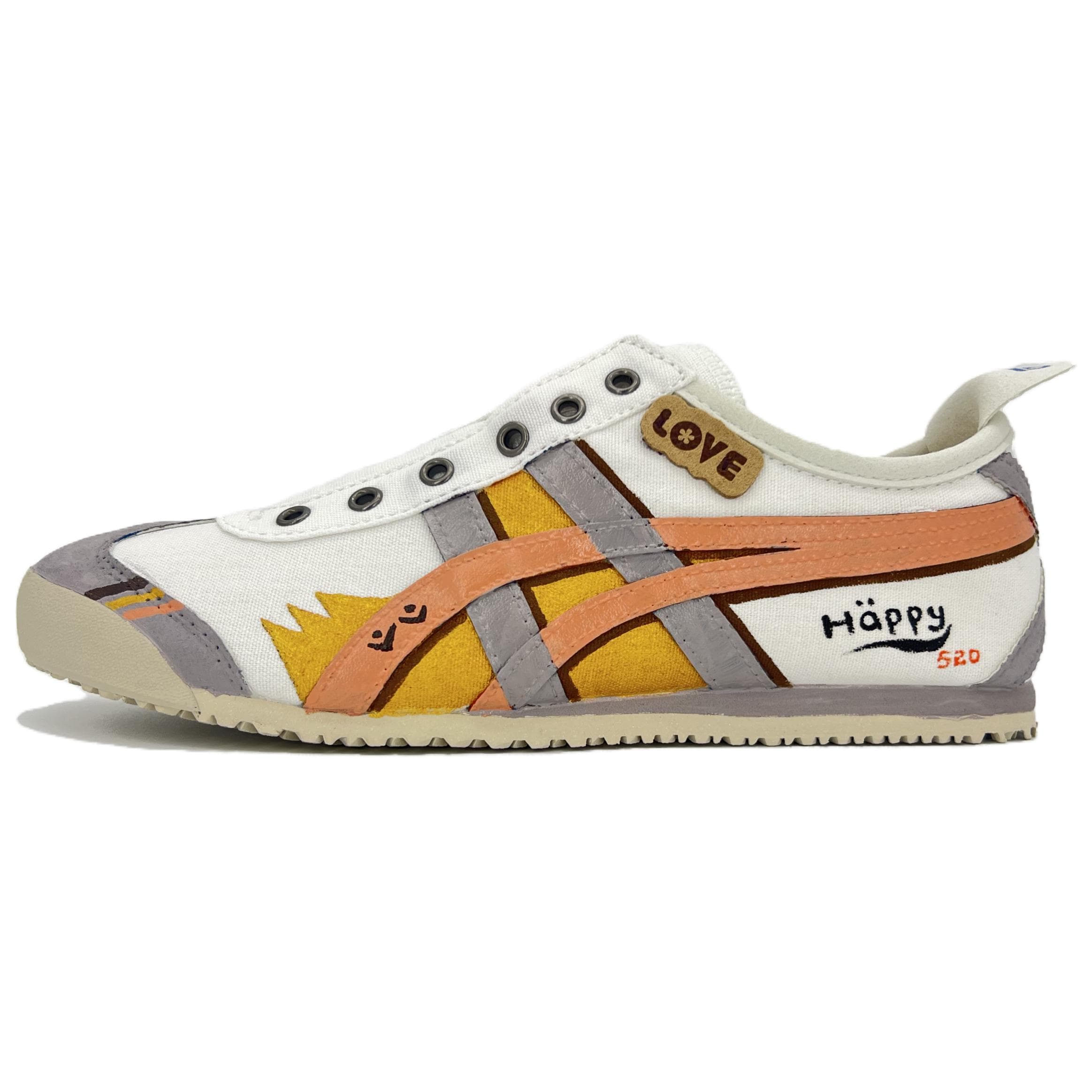 Onitsuka Tiger MEXICO 66 Hand-Painted Graffiti Love & Peace Anti-Slip Wear-Resistant Breathable Low-Top Casual Shoes White Blue Red