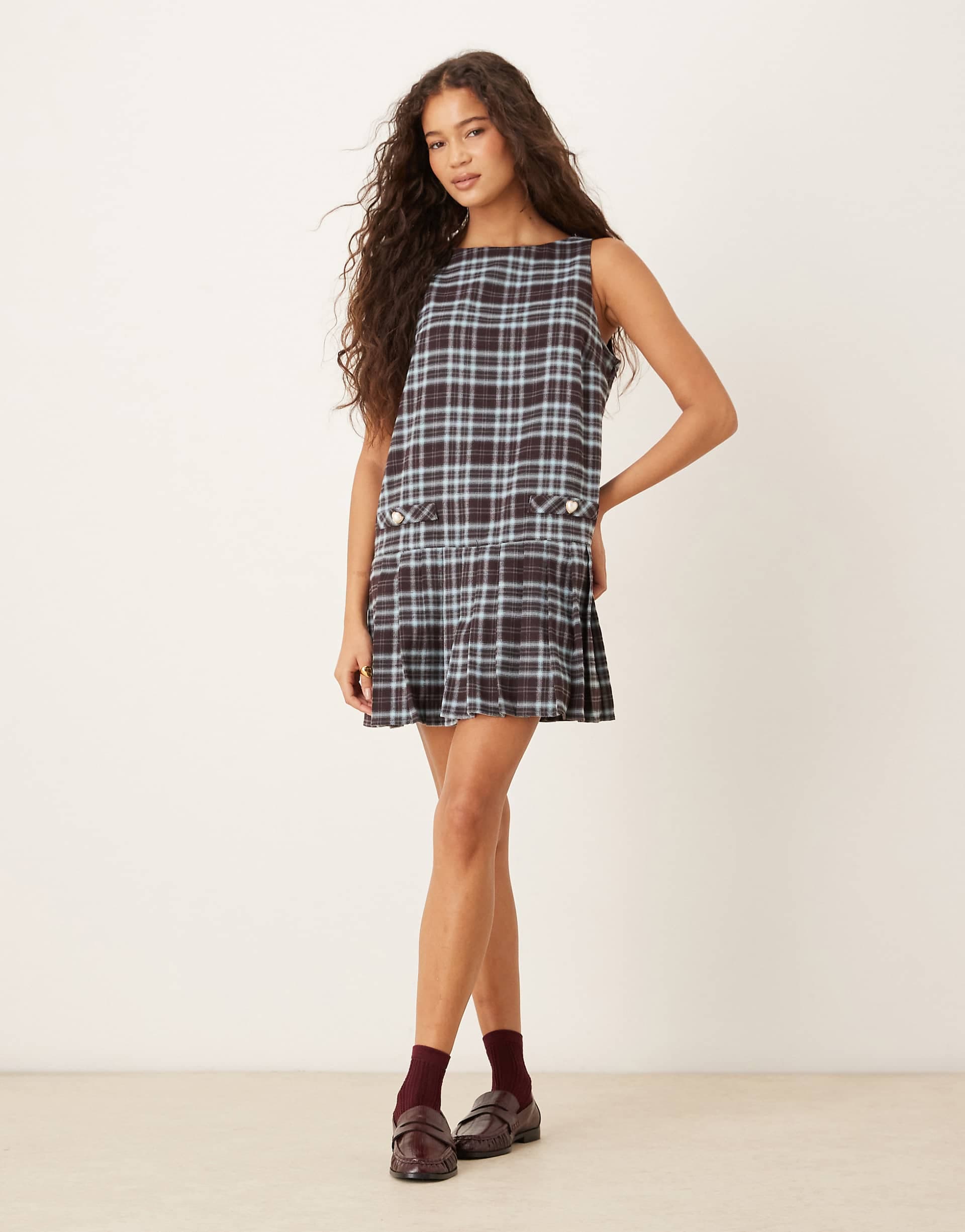 Neon Rose pinafore dress in blue tartan check