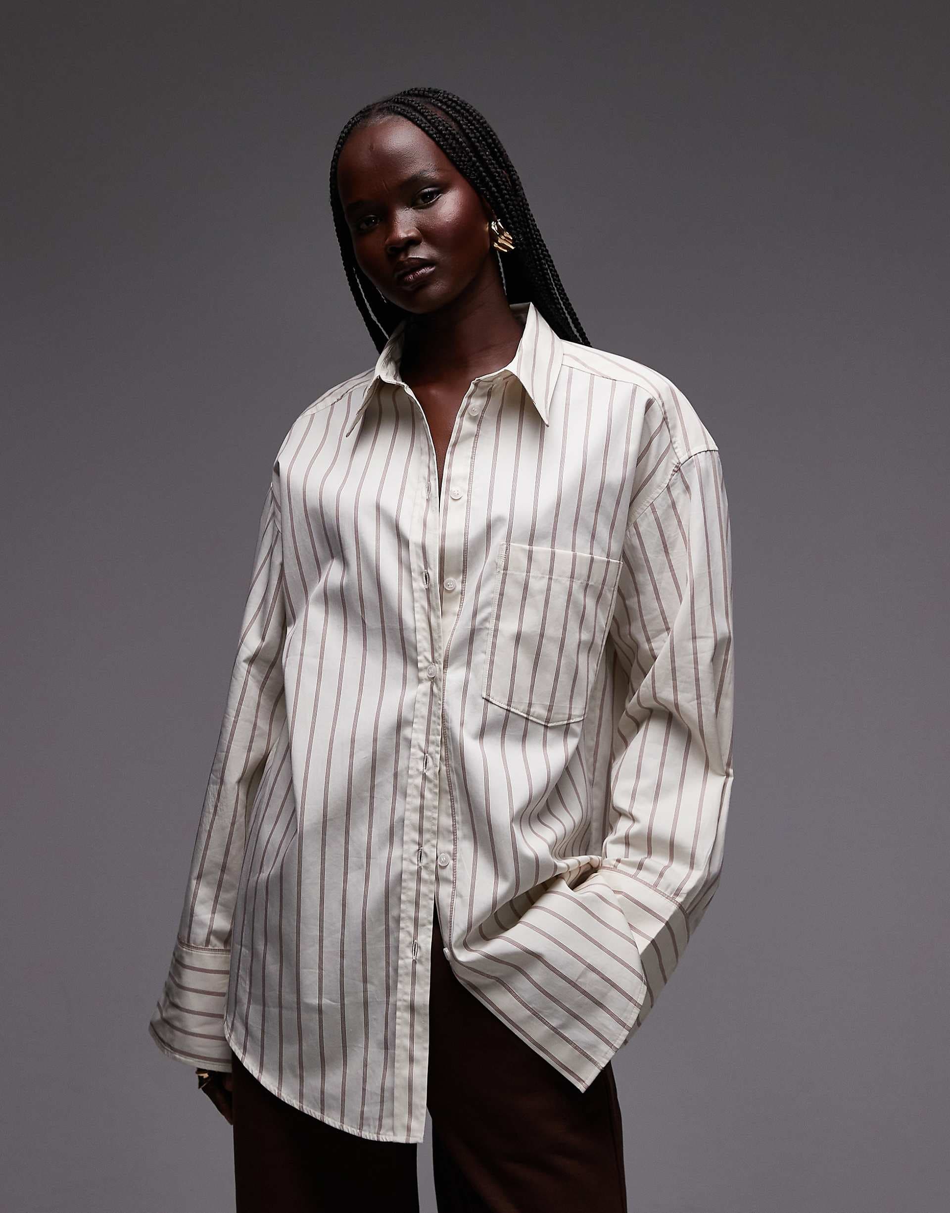 & Other Stories pure cotton oversized fit shirt in off white with burgundy stripes
