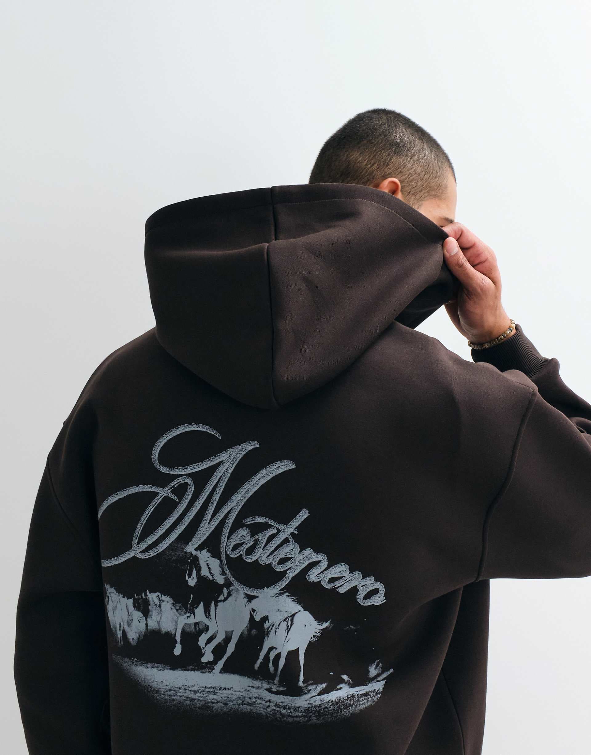 ASOS DESIGN zip up hood with horse back print in brown