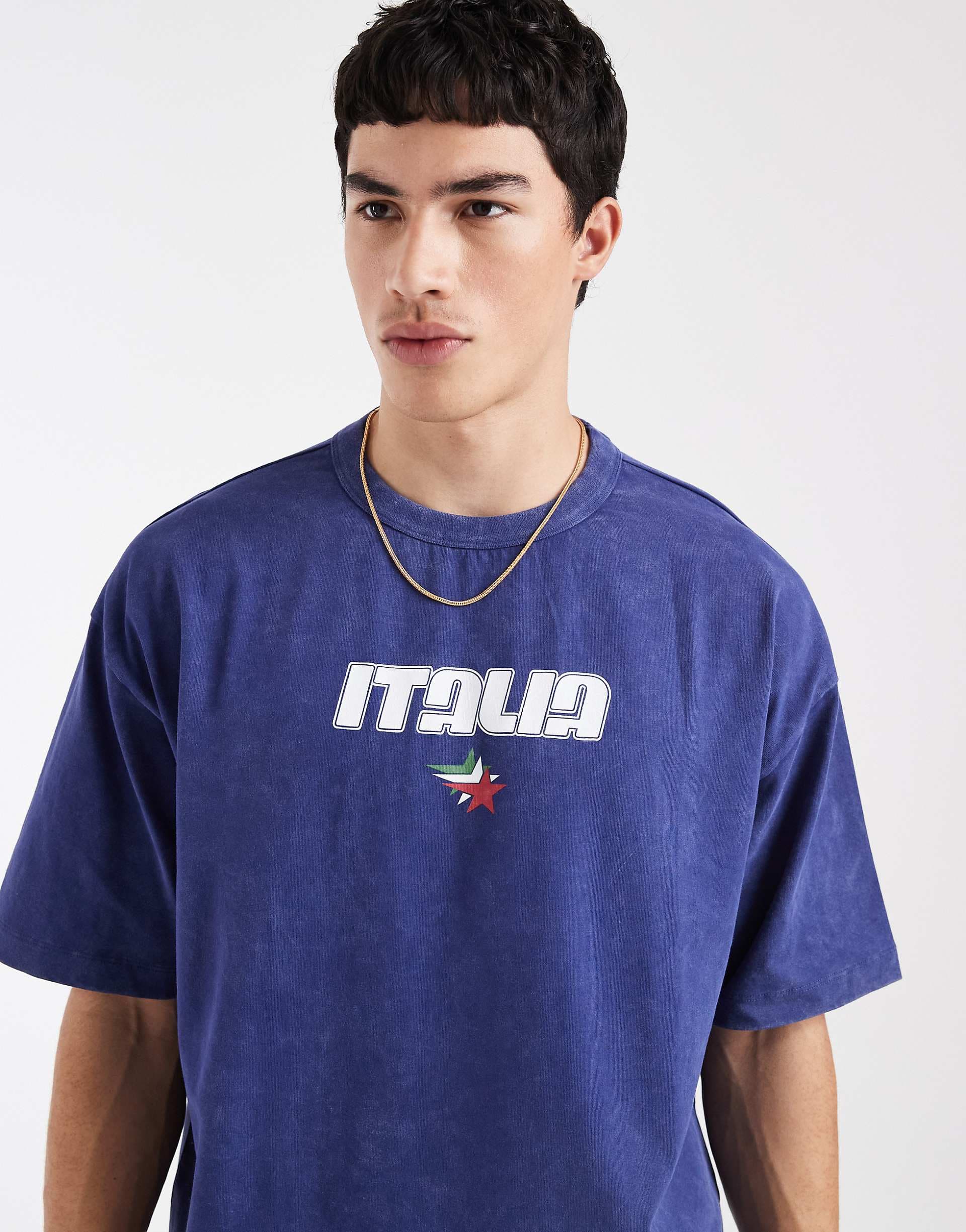 ASOS DESIGN heavyweight boxy oversized T-shirt with Italia graphic in navy wash