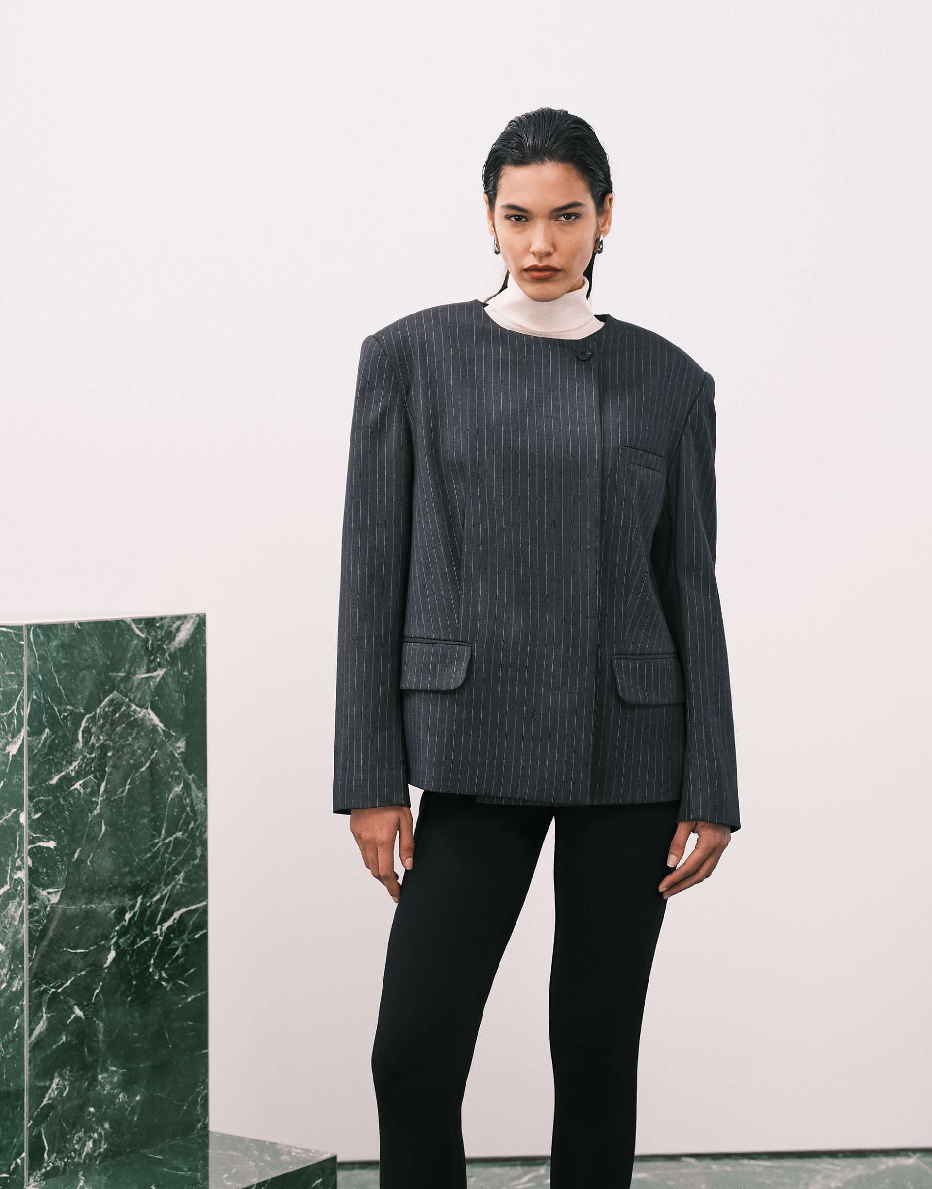 ASOS DESIGN tailored strong shoulder collarless blazer in gray pinstripe