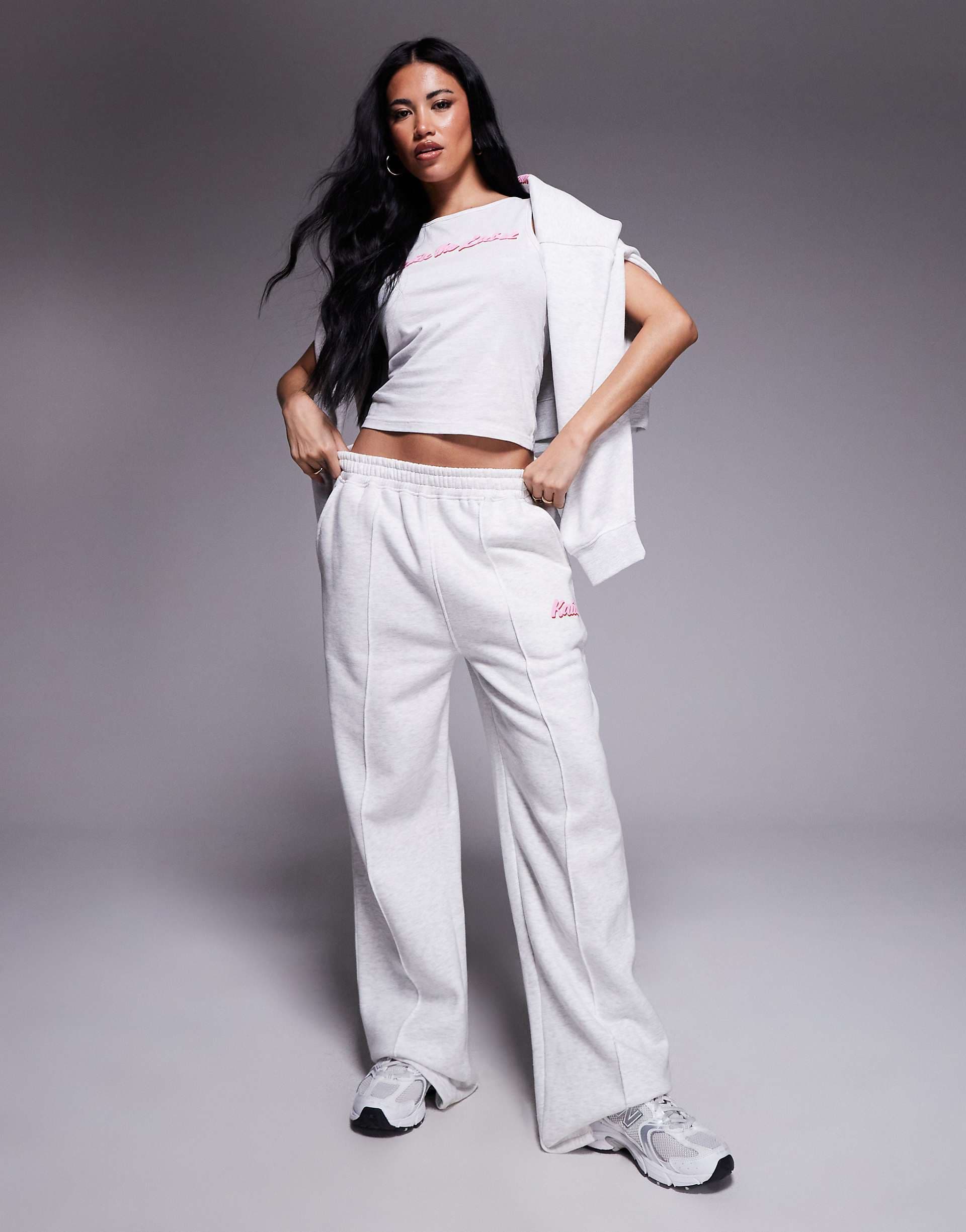 Kaiia cotton blend puff printed logo seam detail wide leg sweatpants in light gray heather and pink - part of a set