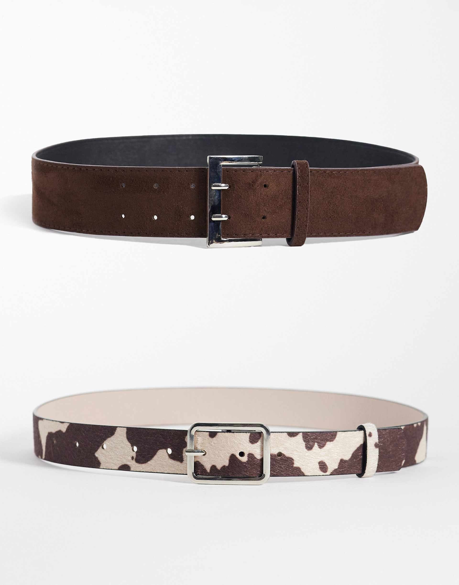 Kaiia exclusive 2 pack belts in cow print and brown faux suede