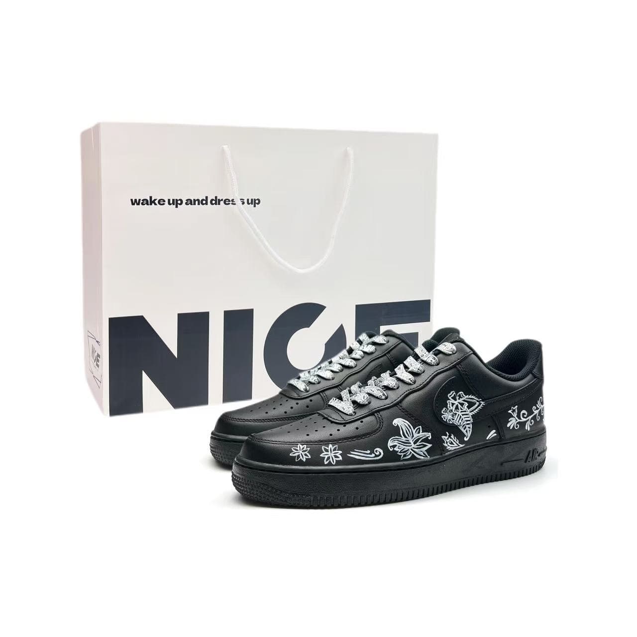 Custom Sneakers: Nike Air Force 1 'Step by Step Flowers' Gift Bag Unisex Low-Top Skate Shoes in Black White