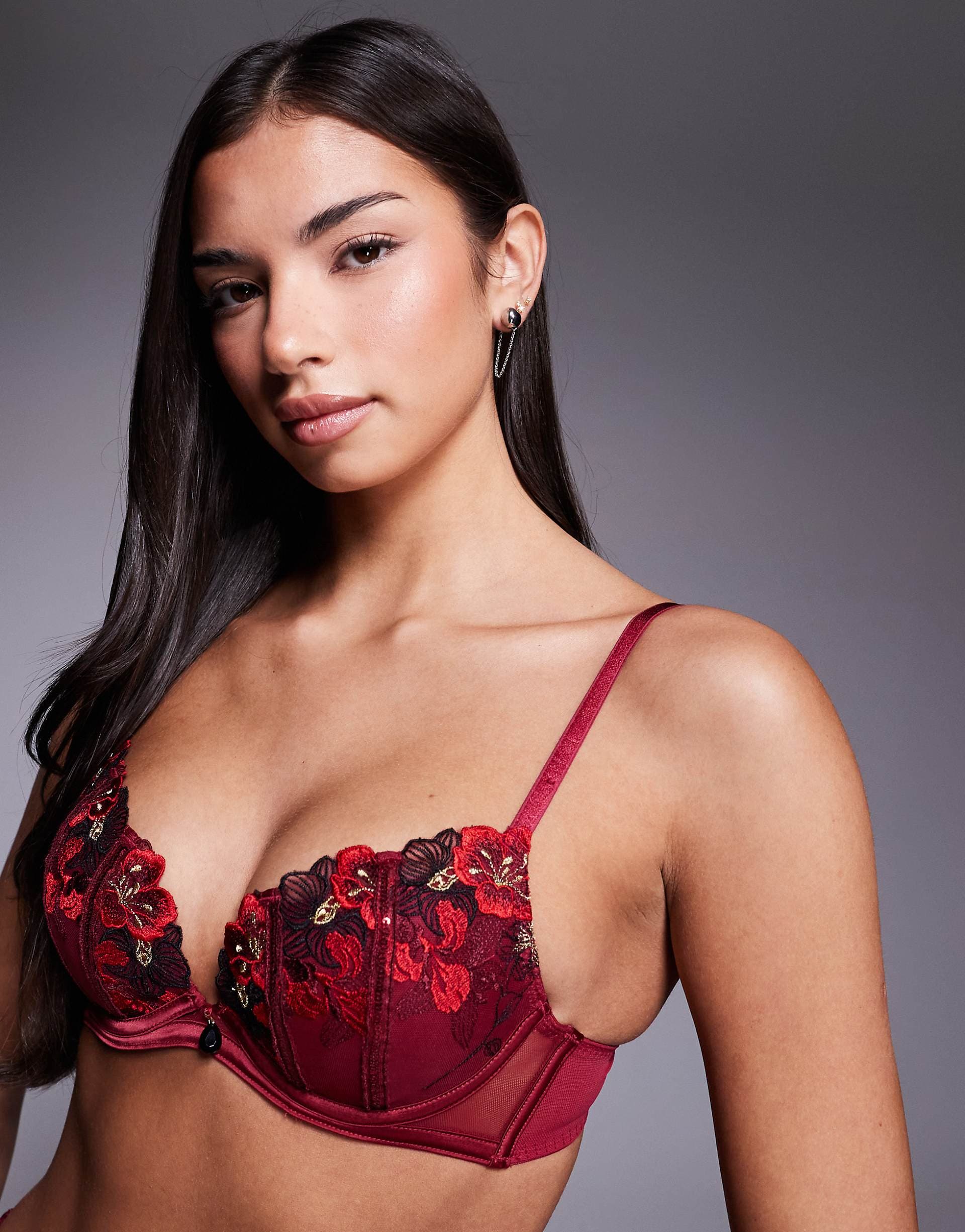 Ann Summers Shimmering padded plunge bra in red/pink