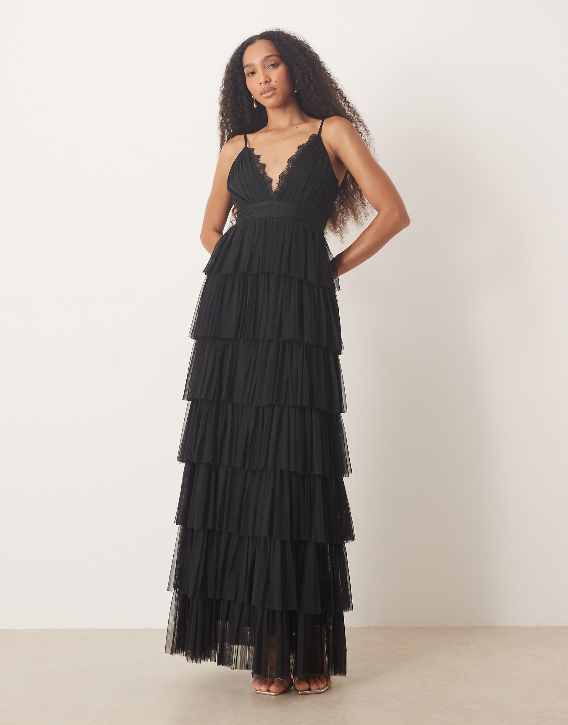 Lace & Beads V-neck lace tiered tulle maxi dress in black