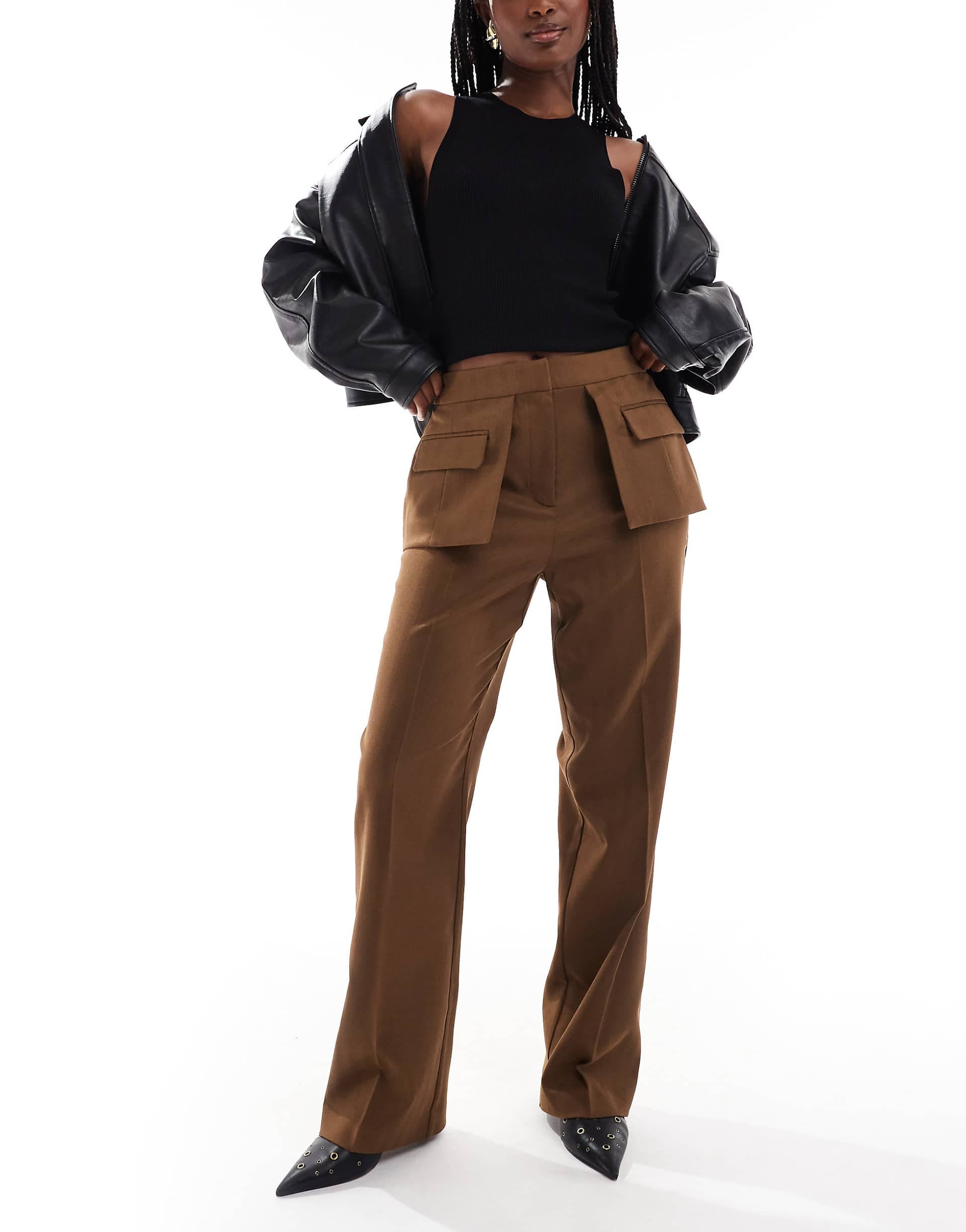 ASOS DESIGN tailored straight leg pants with exposed utility pocket in dark camel