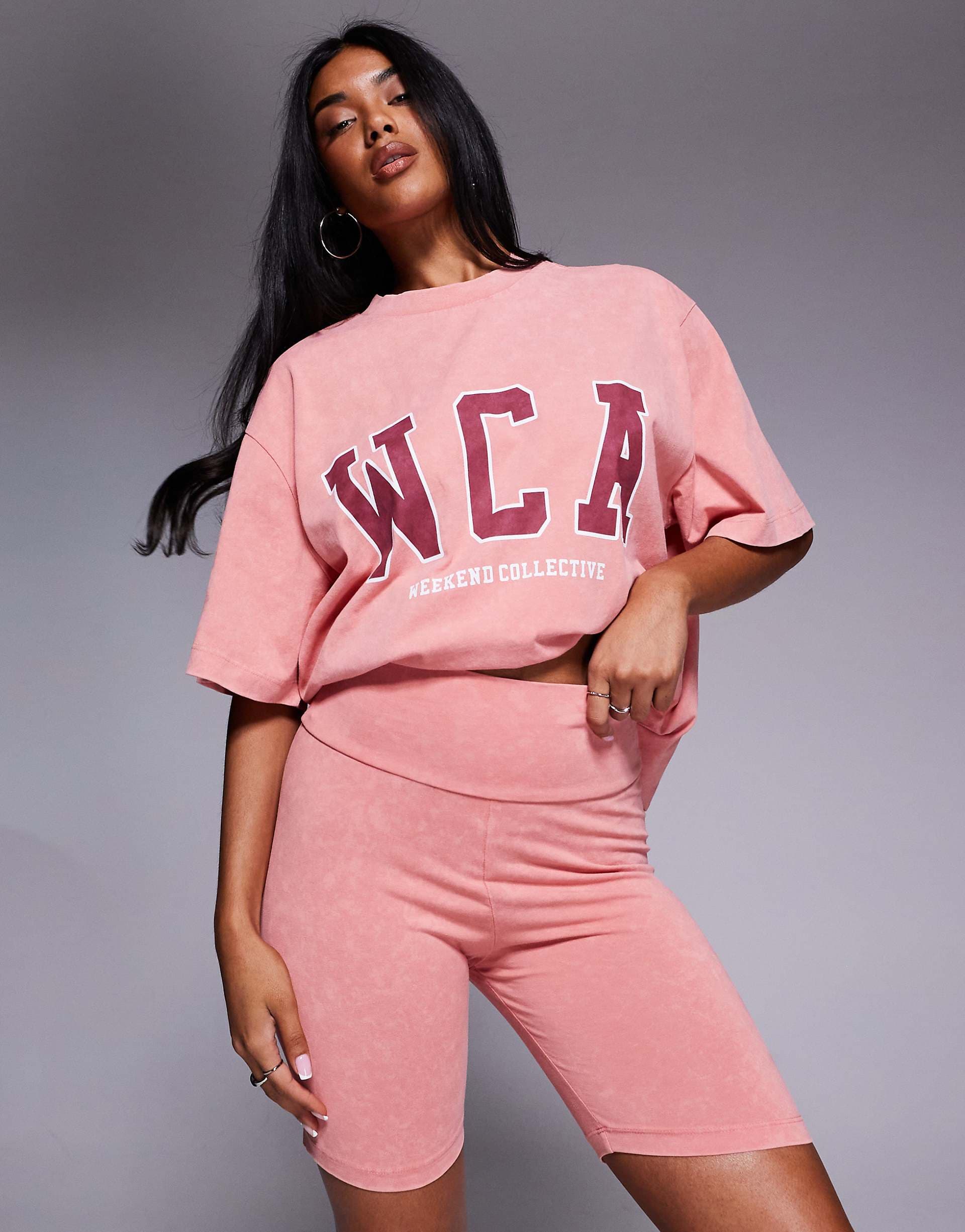 Weekend Collective legging shorts with varsity graphic in washed peach - part of a set