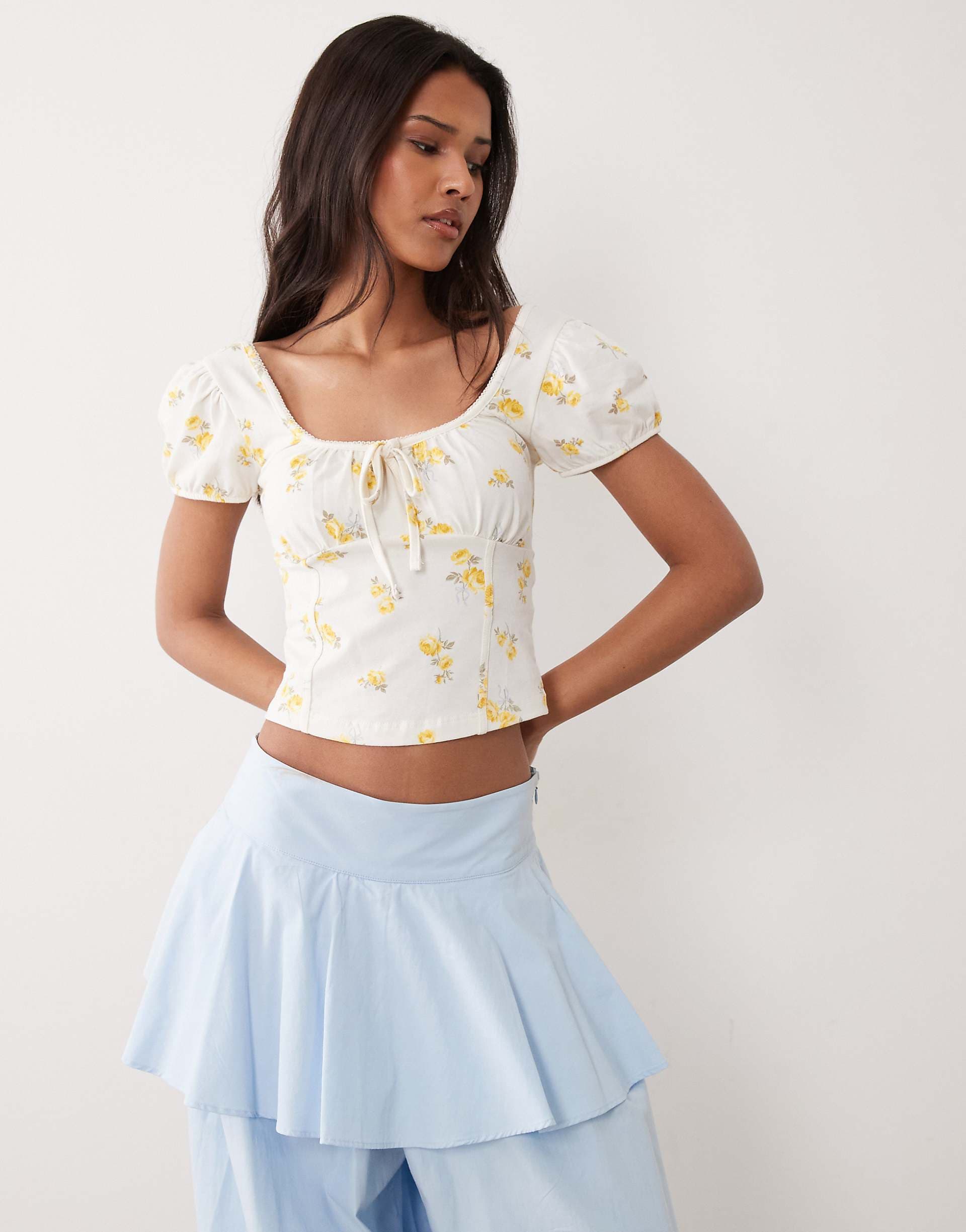 Miss Selfridge puff sleeve milkmaid top in floral print
