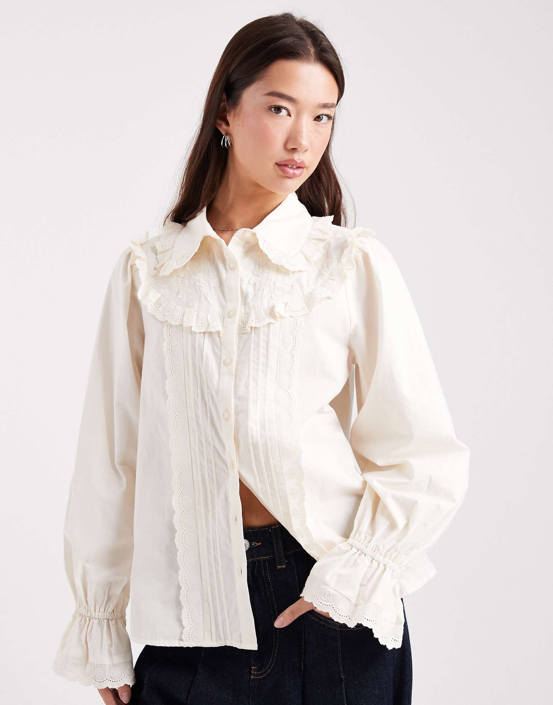 Miss Selfridge poplin embroidered shirt in cream