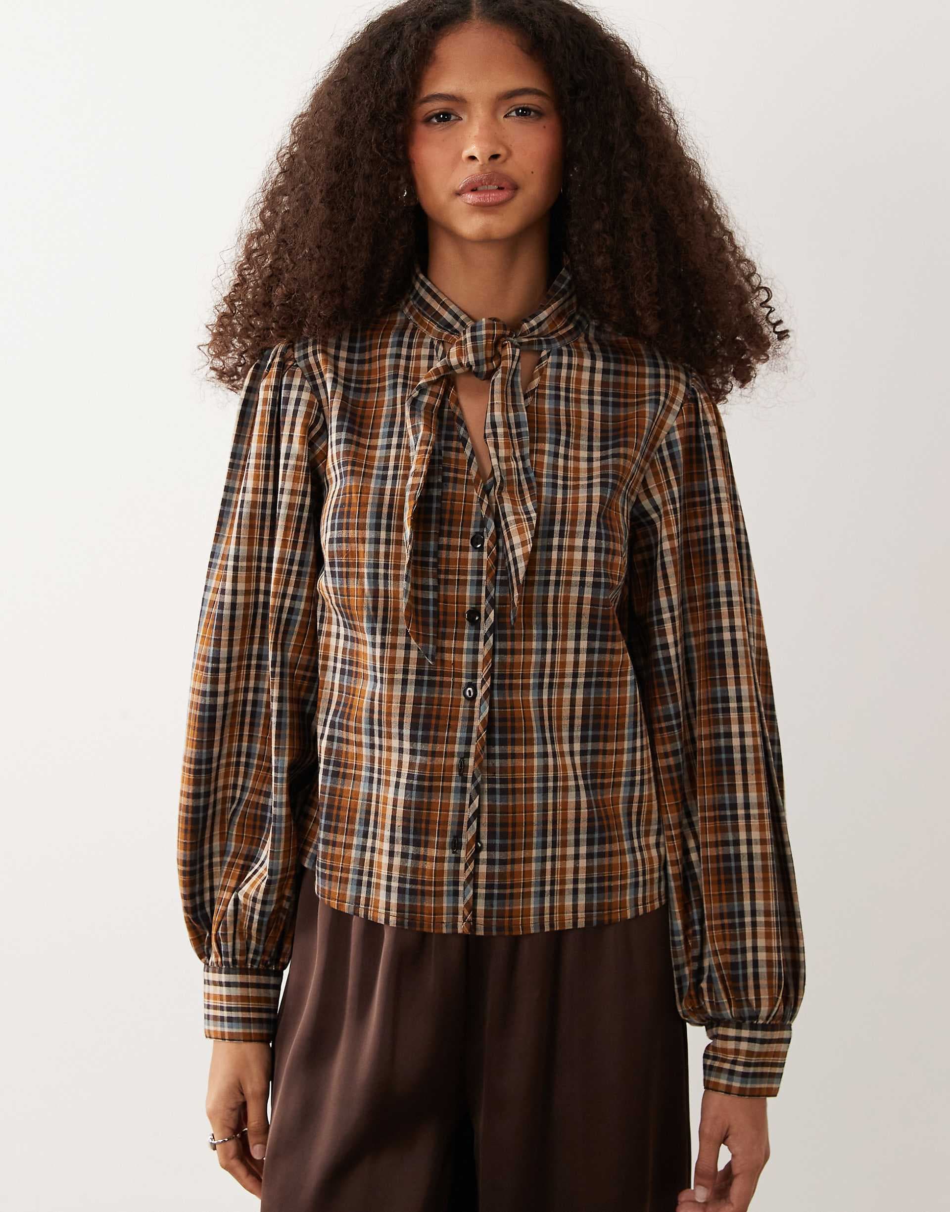Wednesday's Girl long sleeve shirt with tie detail in navy plaid