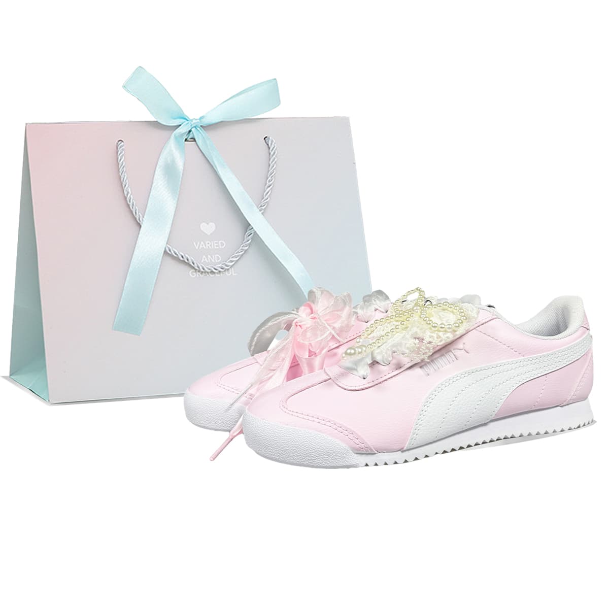 Custom Sneakers: PUMA Turino FSL 'Hip-Hop Miga Strawberry Milkshake' Gift Box Ribbon Silk Pearl Bow Girly Korean Chill Racing Shoes Slip-Resistant Lightweight Low-Top Casual Lifestyle Shoes Unisex Pink