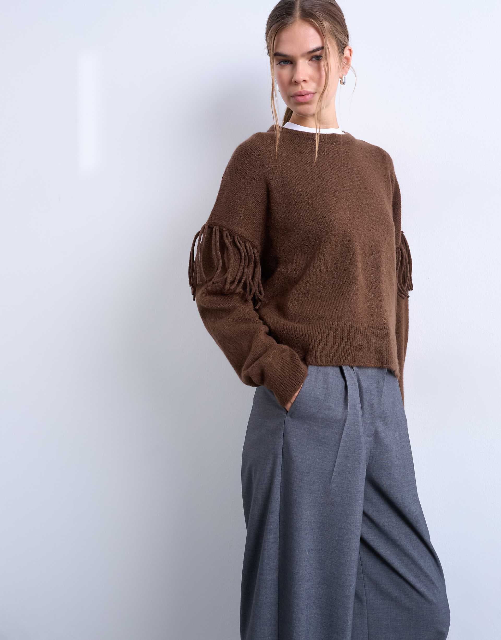 Topshop knit fringe detailing sweater in chocolate