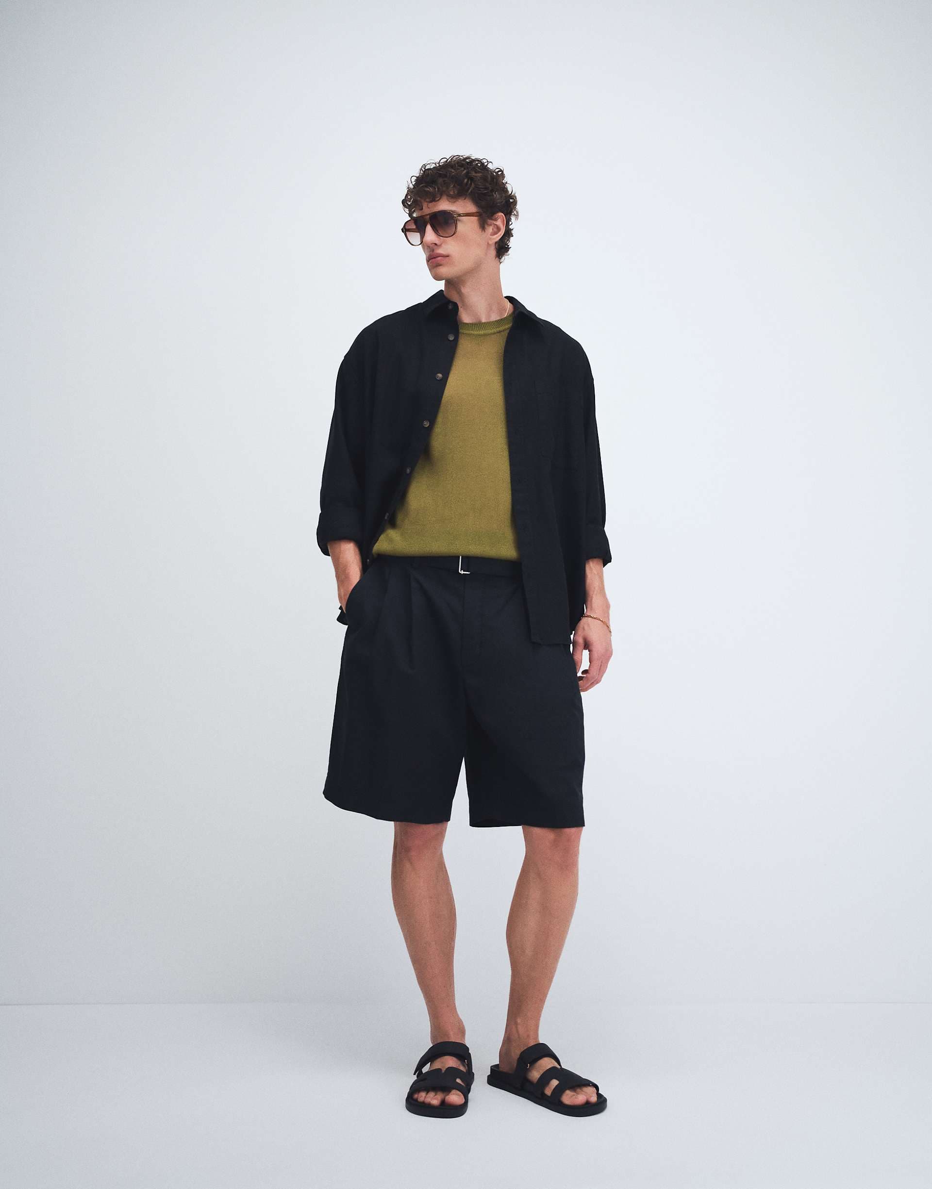 Tommy Hilfiger relaxed linen mix pleated shorts with belt in black