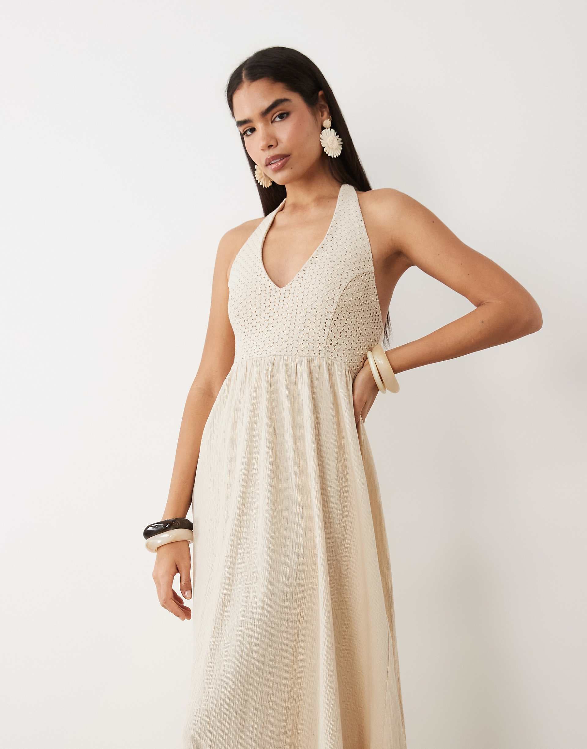 ASOS DESIGN crochet halter midi dress in neutral