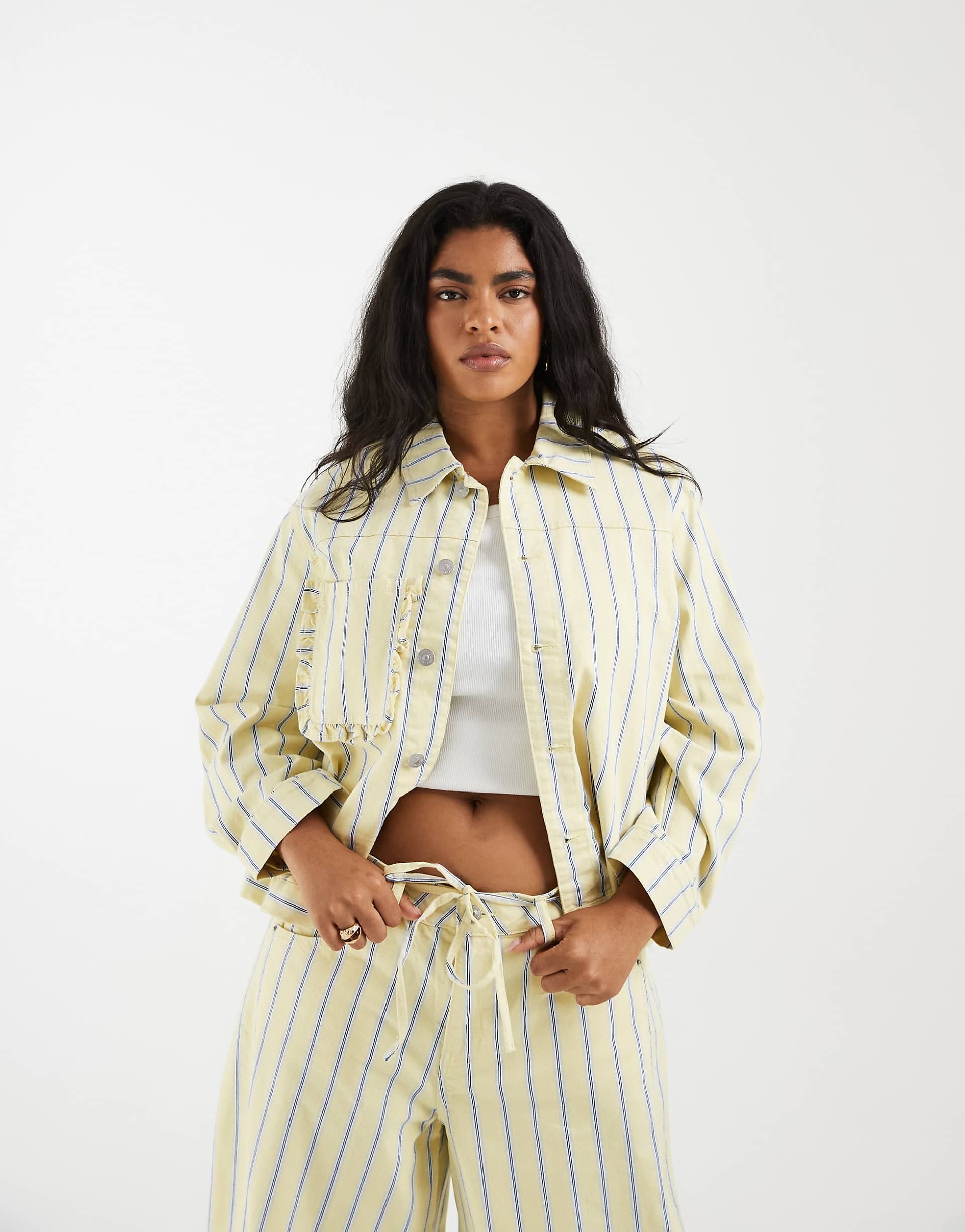 PIECES Curve denim jacket in yellow and blue stripes - part of a set