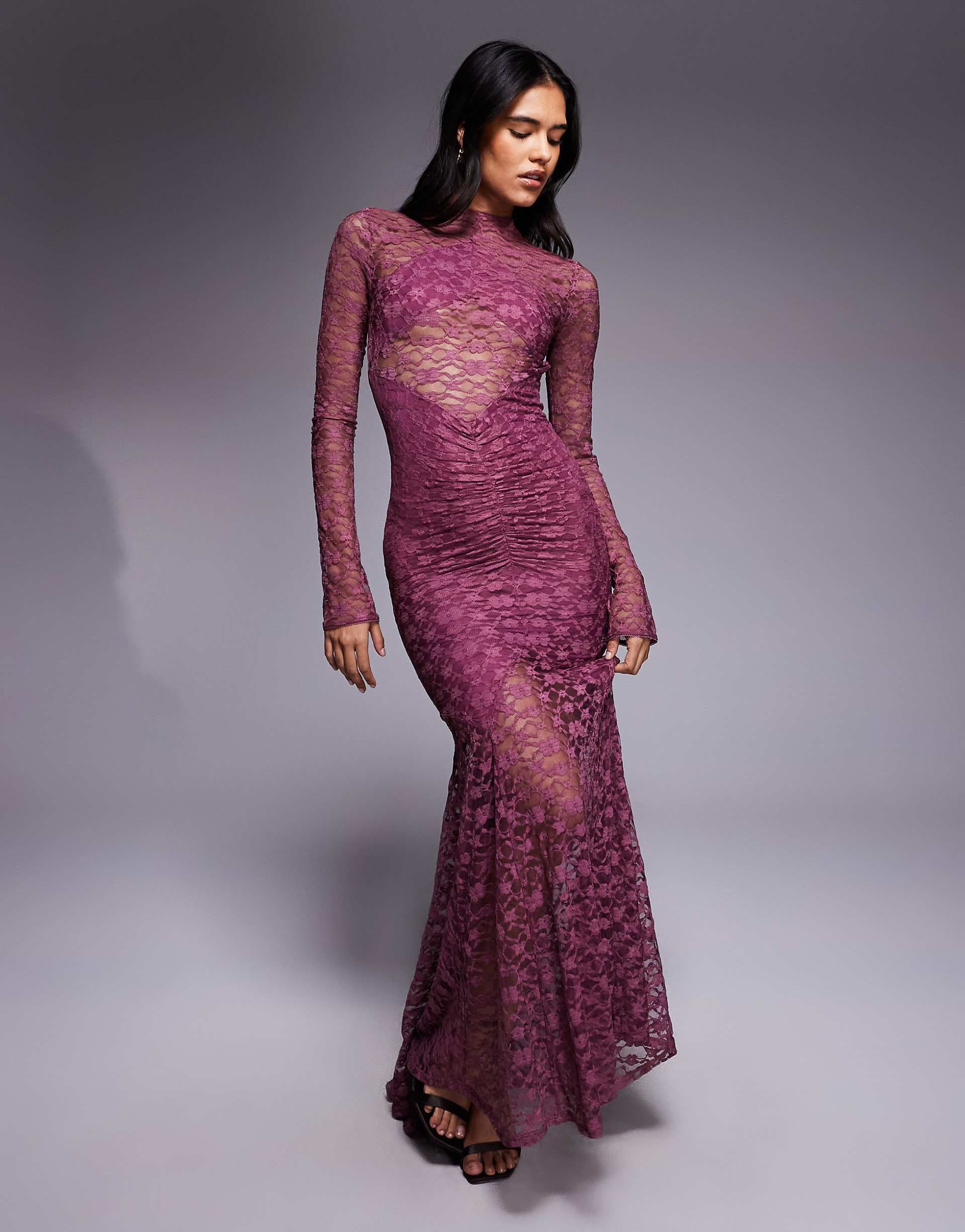 ASOS DESIGN lace maxi dress with cut away panel detailing in rose
