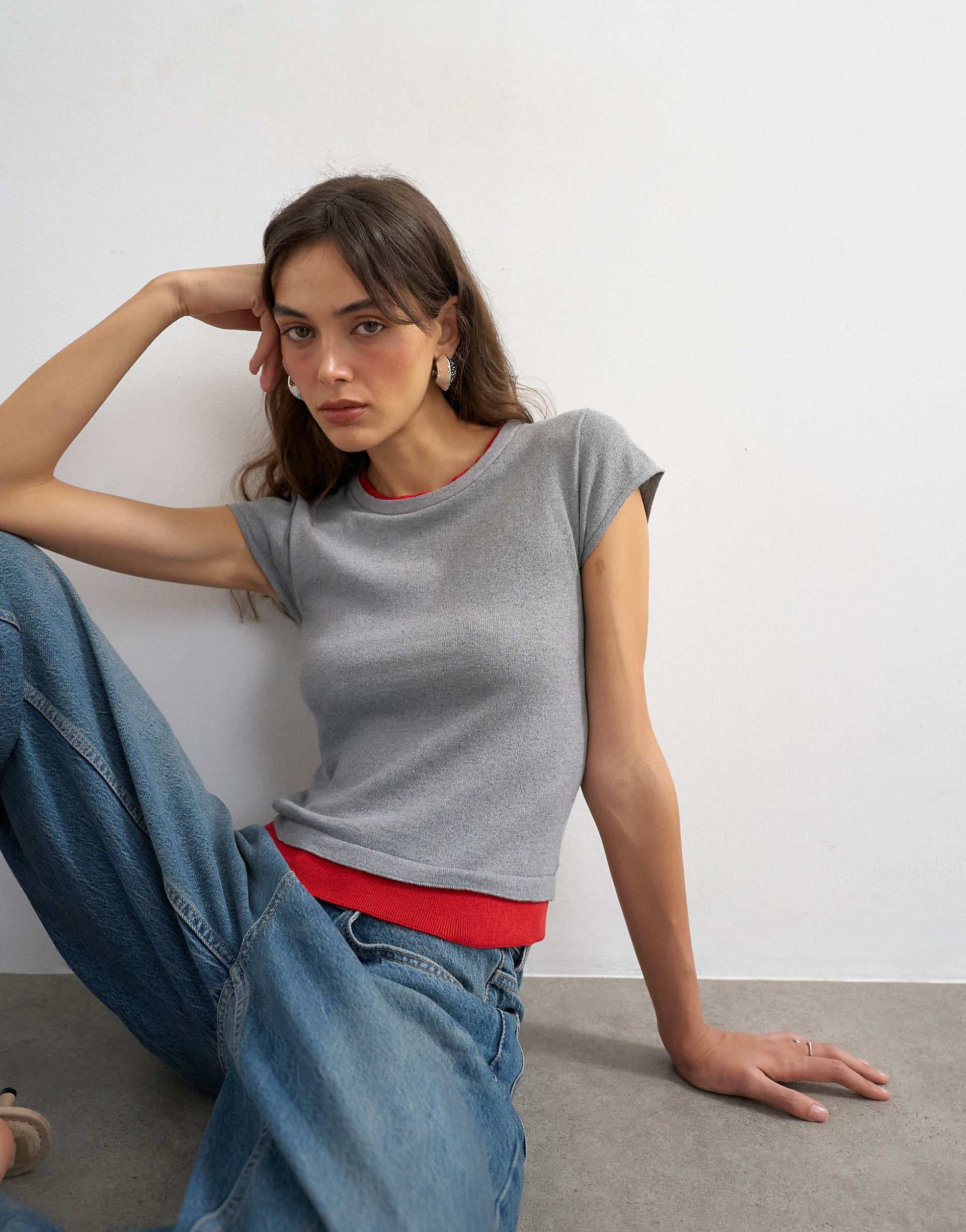Topshop knit double layer T-shirt in red and gray