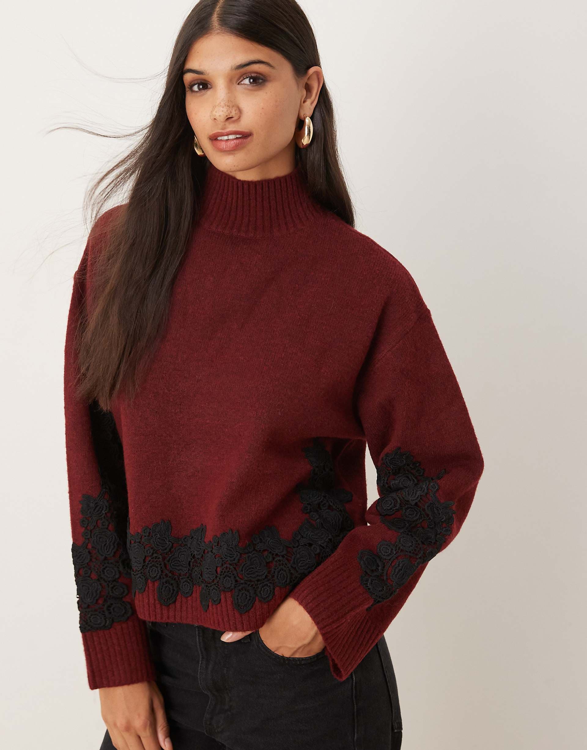 ASOS DESIGN lace sleeve and waist placement funnel neck sweater in plum