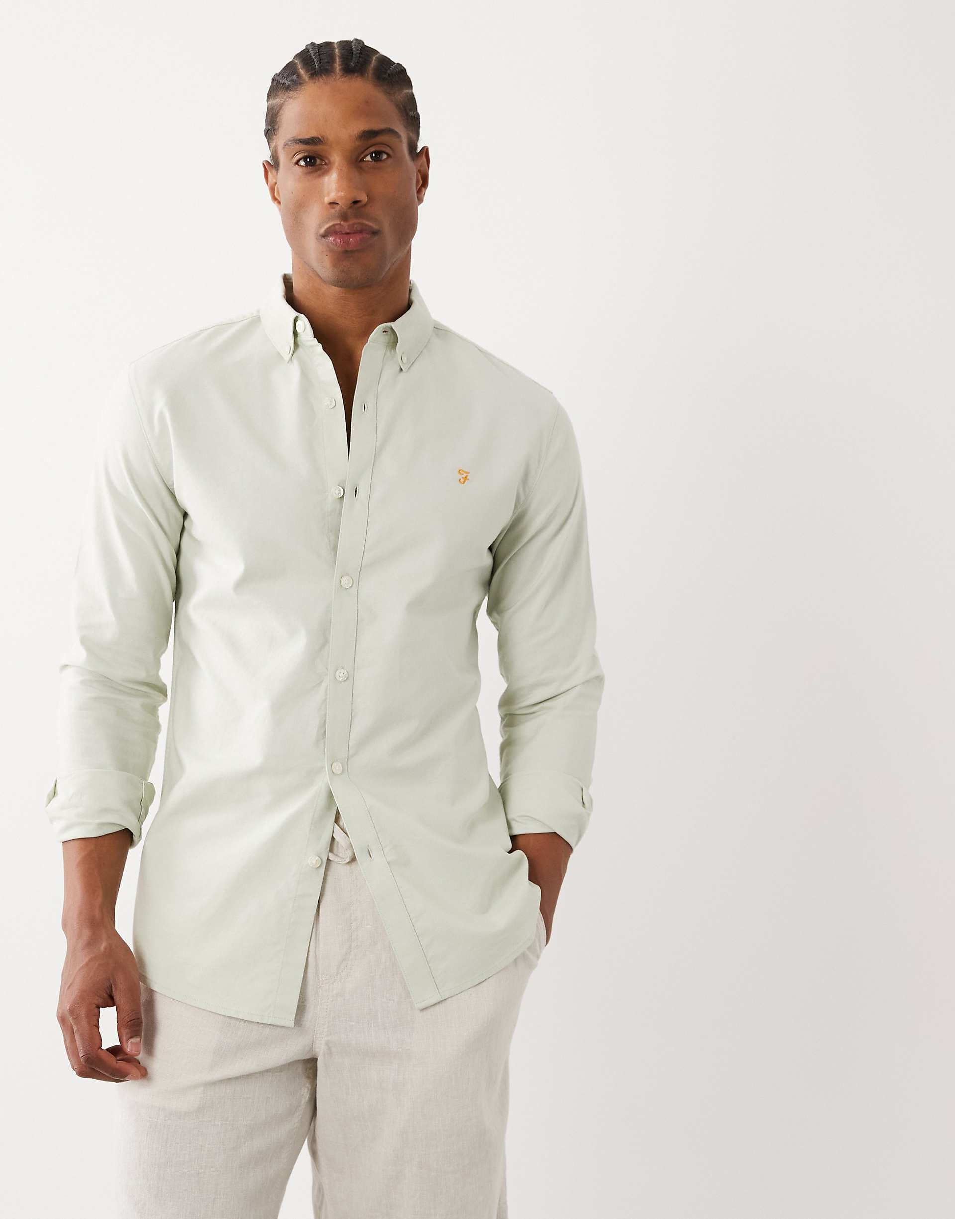 Farah Brewer long sleeve logo shirt in light green