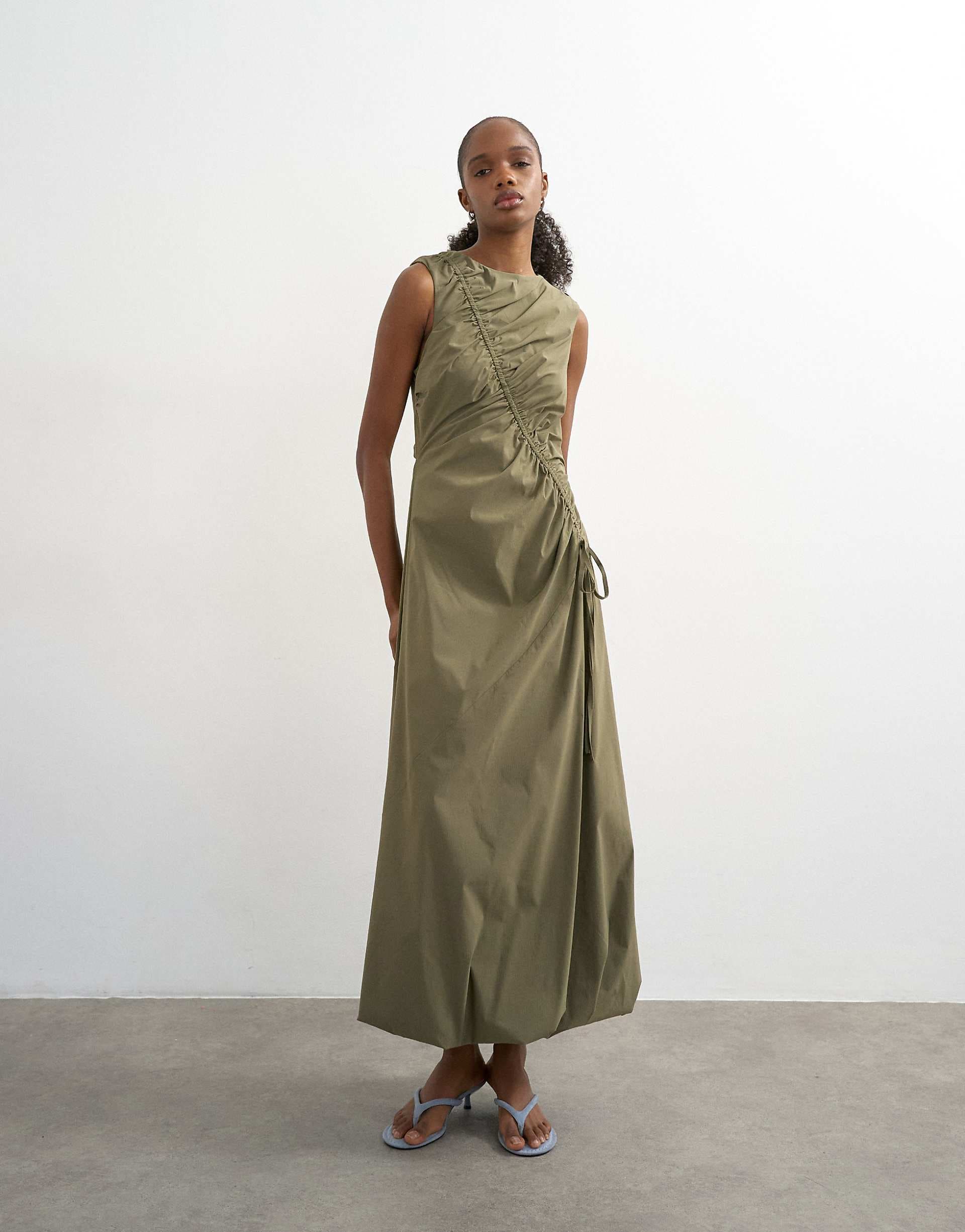 Topshop drawstring detail performance fabric balloon maxi dress in khaki green