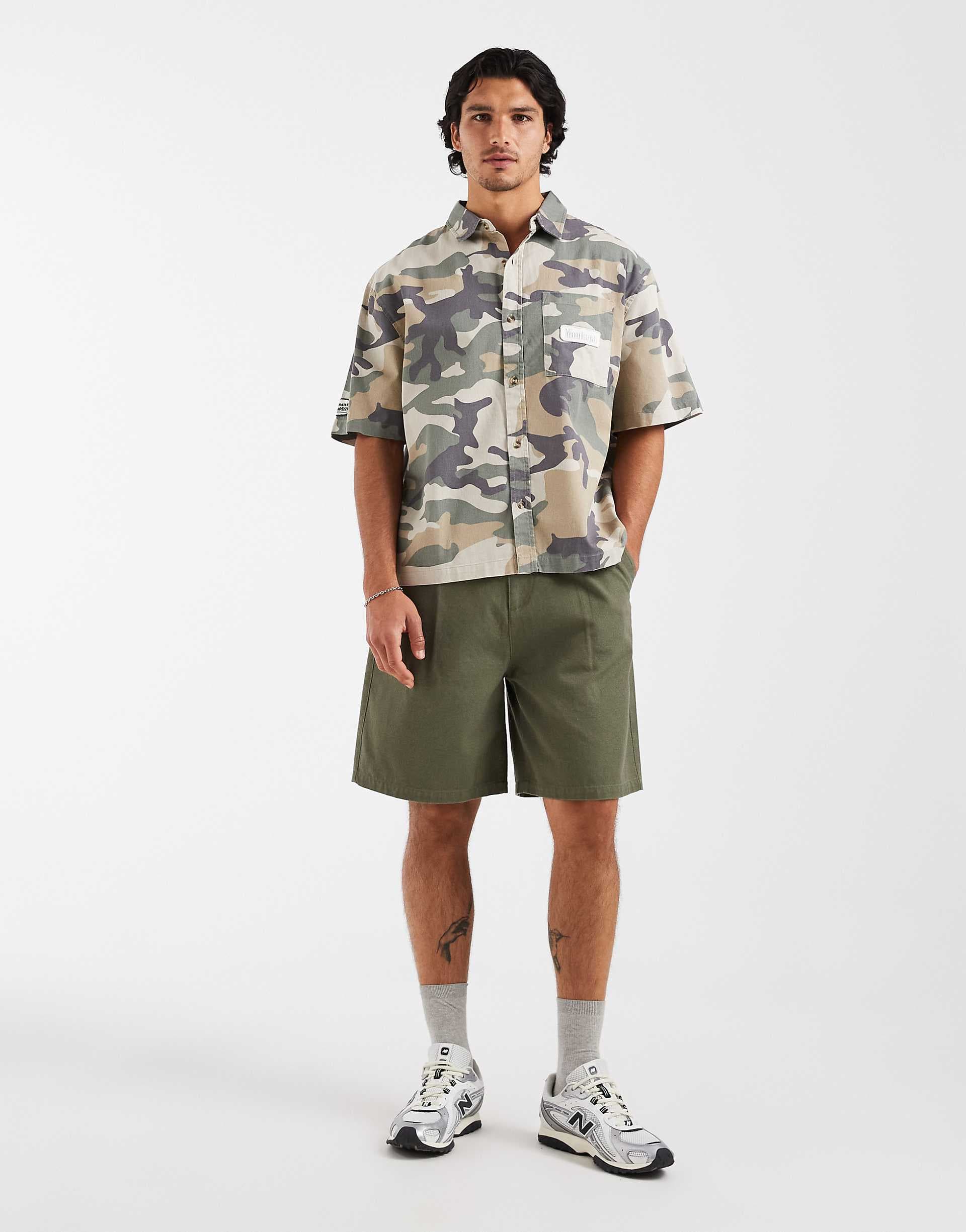Cotton On boxy fit short sleeve shirt in sand camo