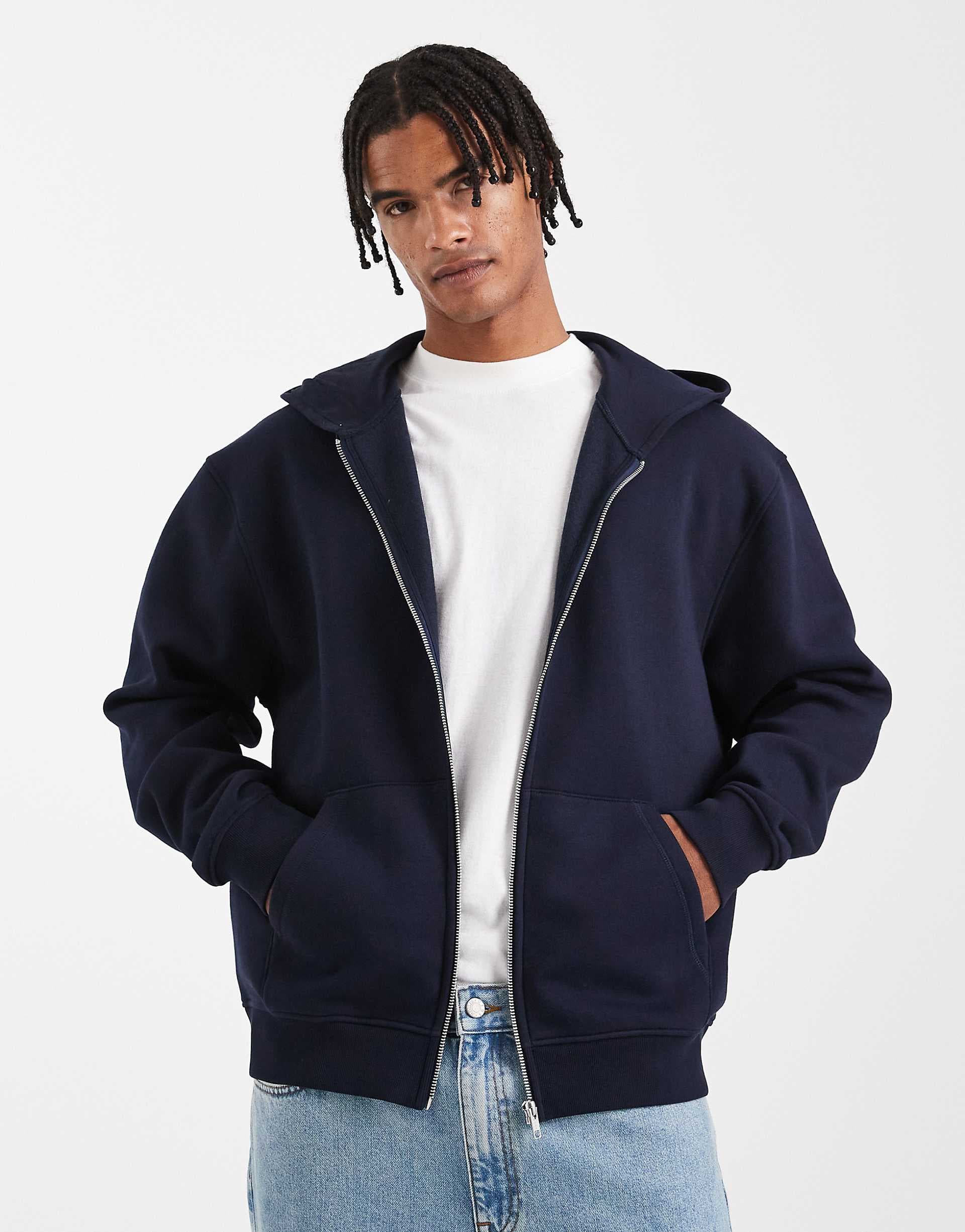 ASOS DESIGN essential relaxed fit zip through hoodie in navy